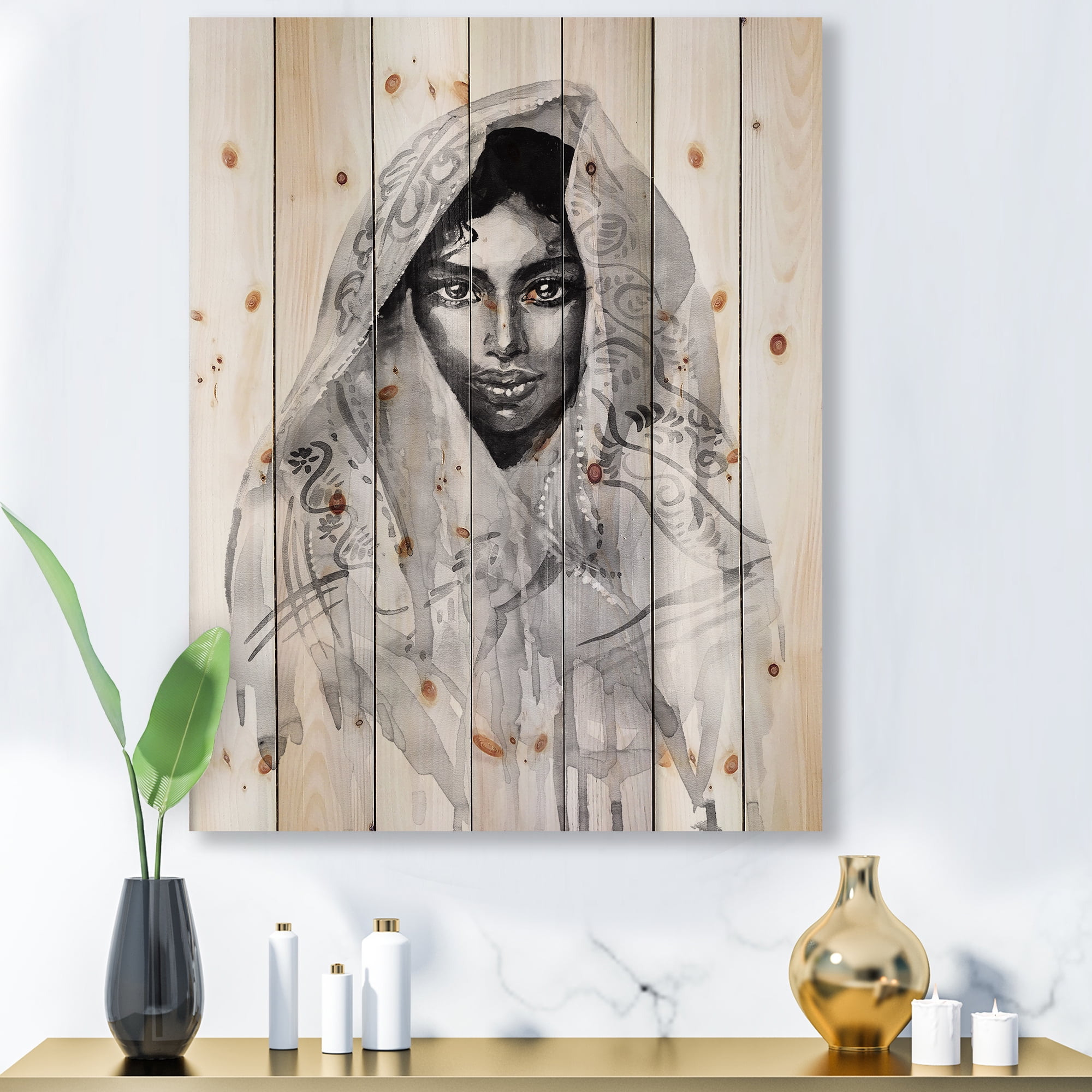 Designart 'Black and White Portrait of Young Indian Woman I' Modern Print on Natural Pine Wood