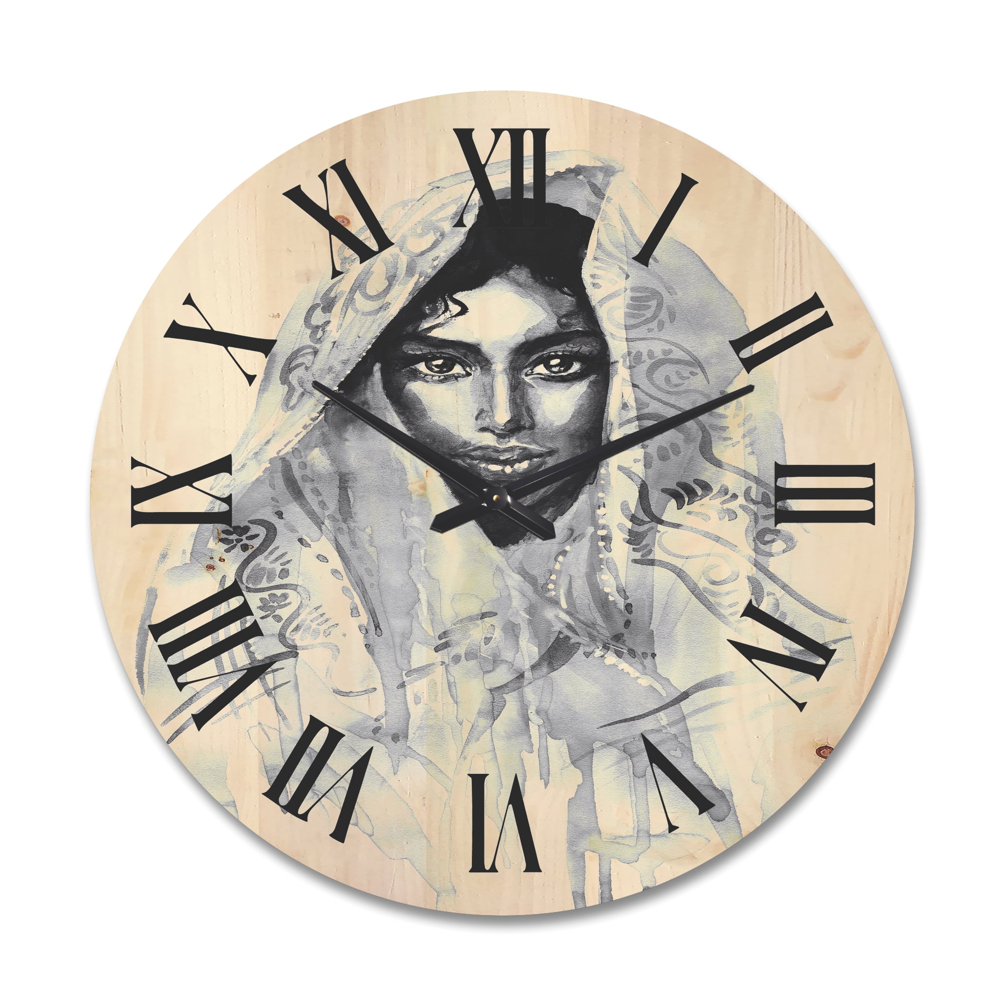 Designart 'Black and White Portrait of Young Indian Woman I' Modern Wood Wall Clock