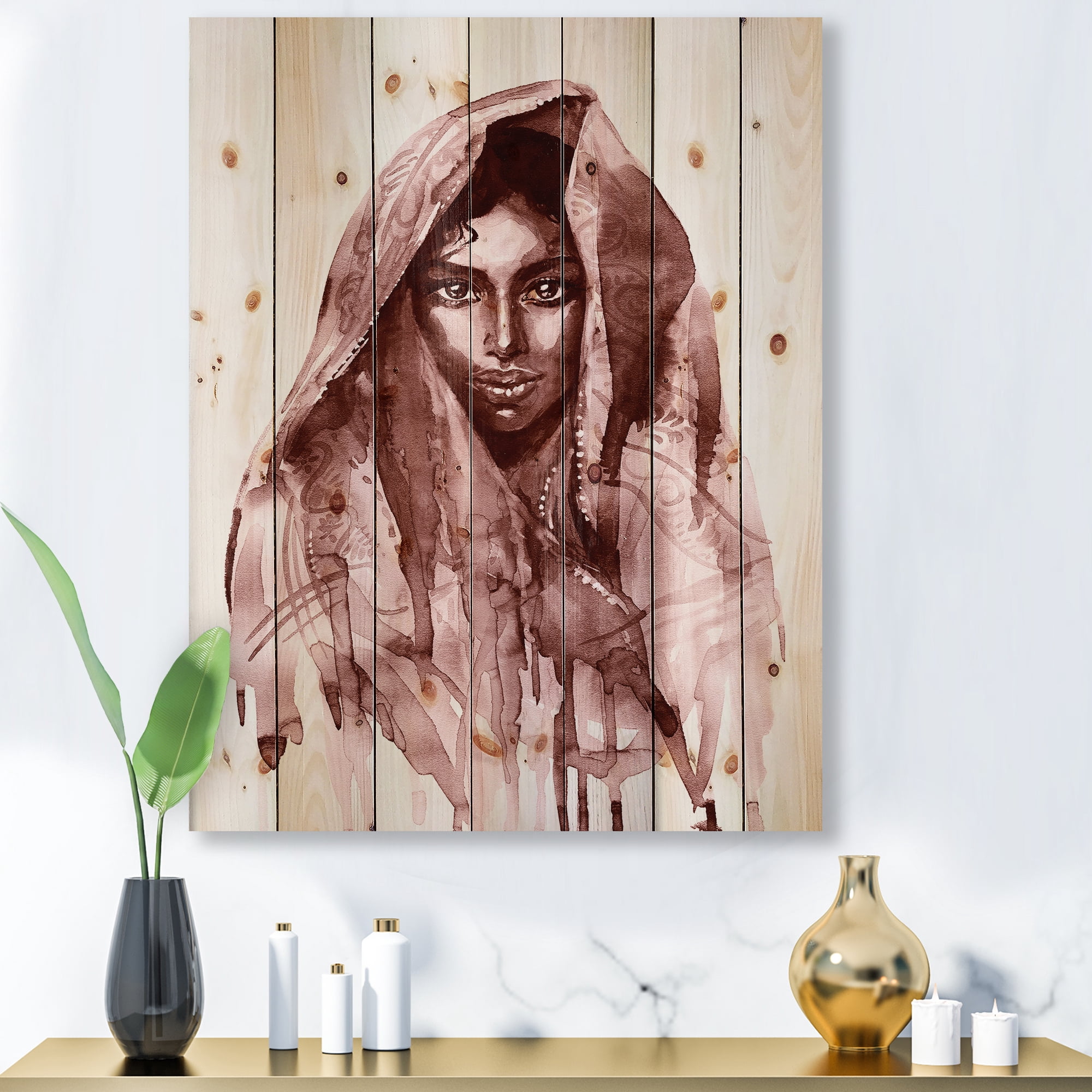 Designart 'Black and White Portrait of Young Indian Woman II' Modern Print on Natural Pine Wood