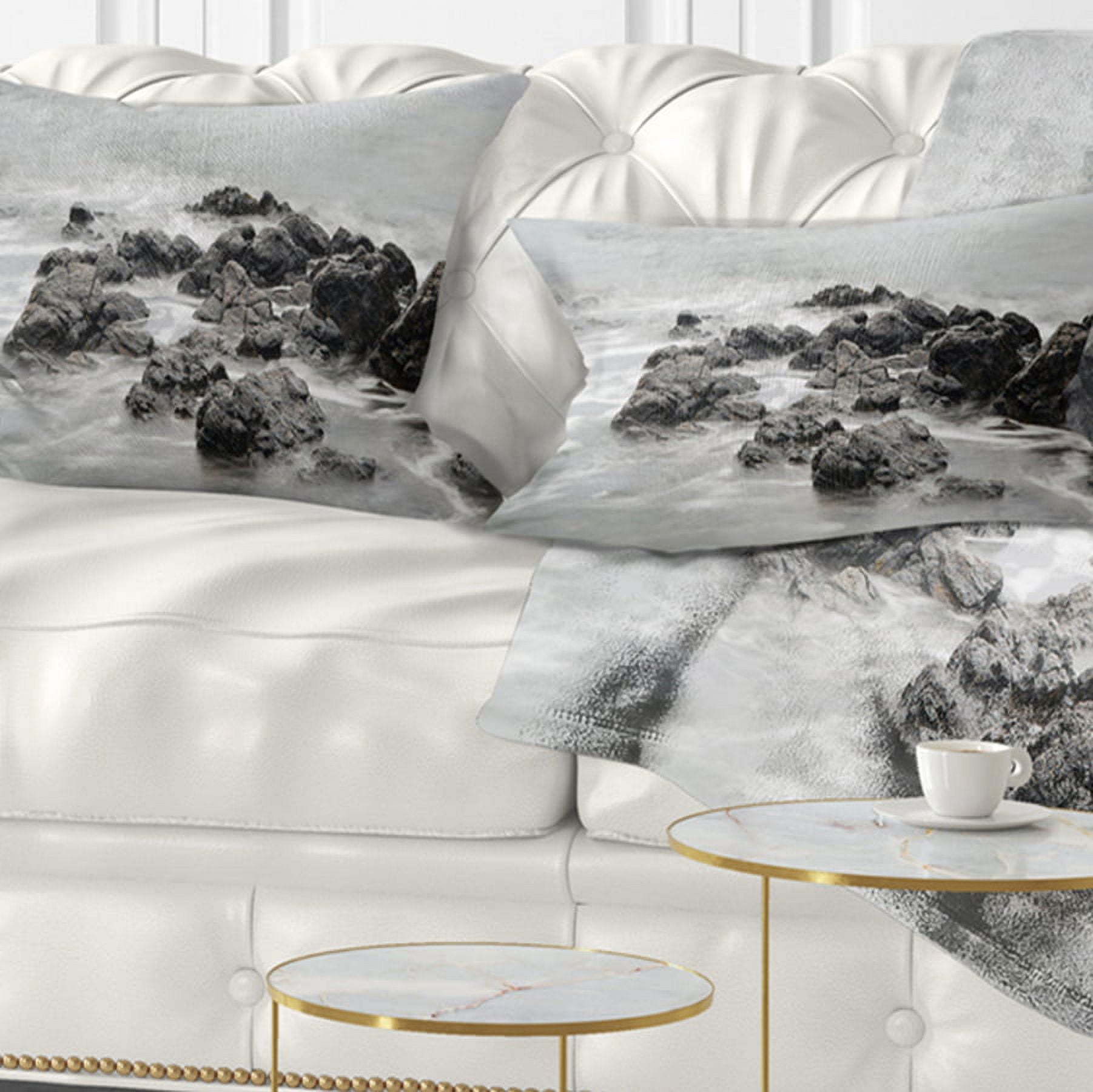 Designart Black and White Rocky Coastline - Seashore Throw Pillow - 12x20