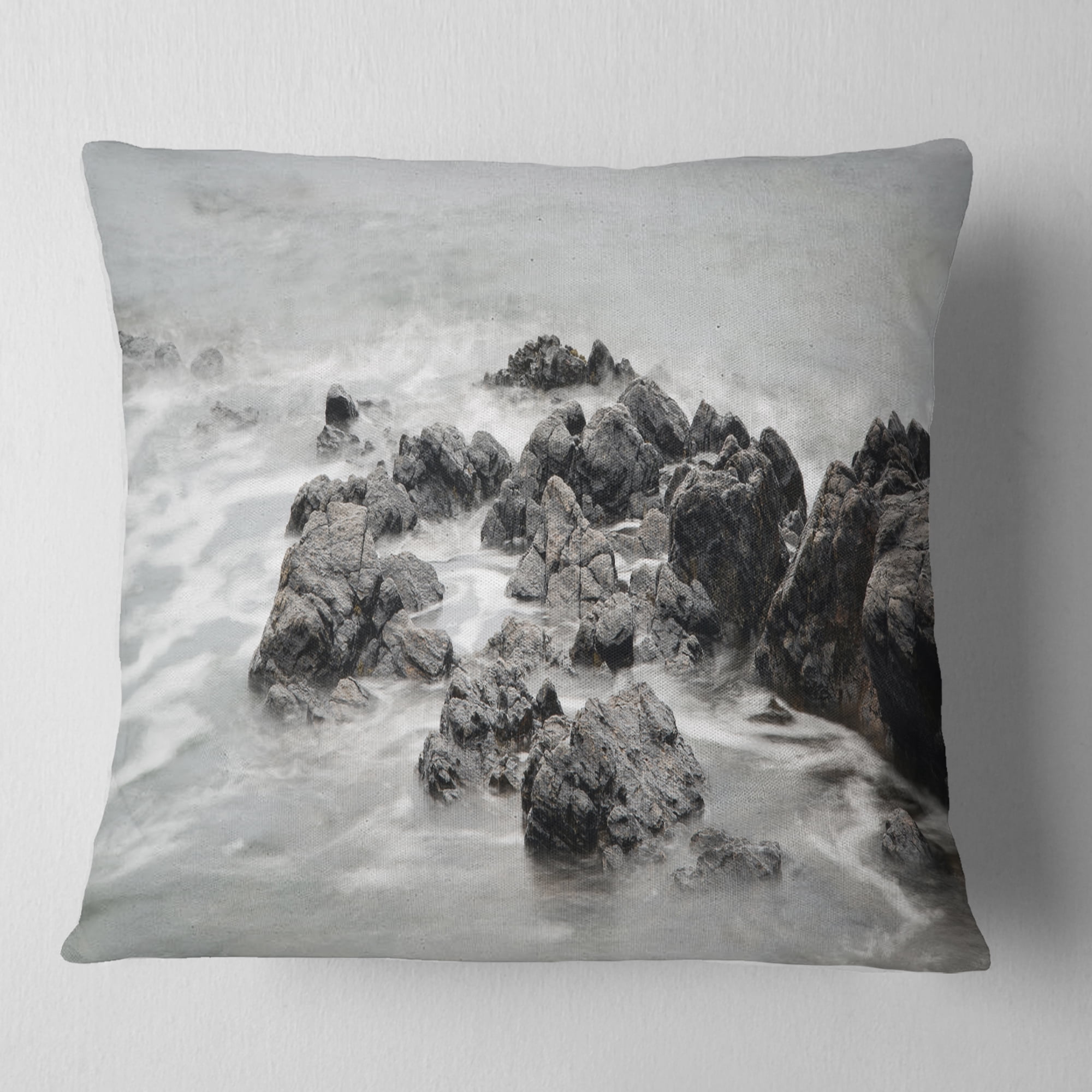 Designart Black and White Rocky Coastline - Seashore Throw Pillow - 18x18