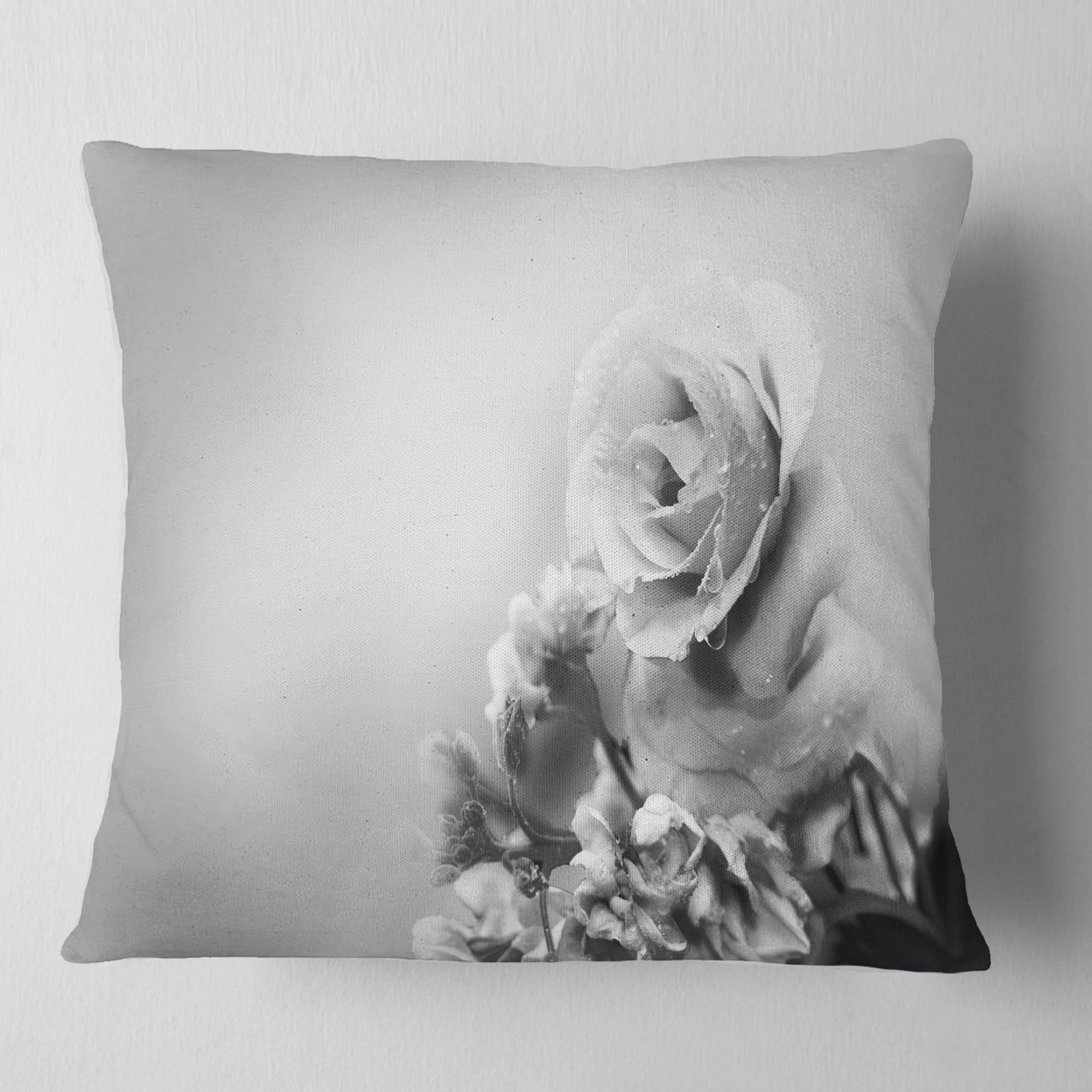 Designart Black and White Rose in Spring. - Floral Throw Pillow - 16x16