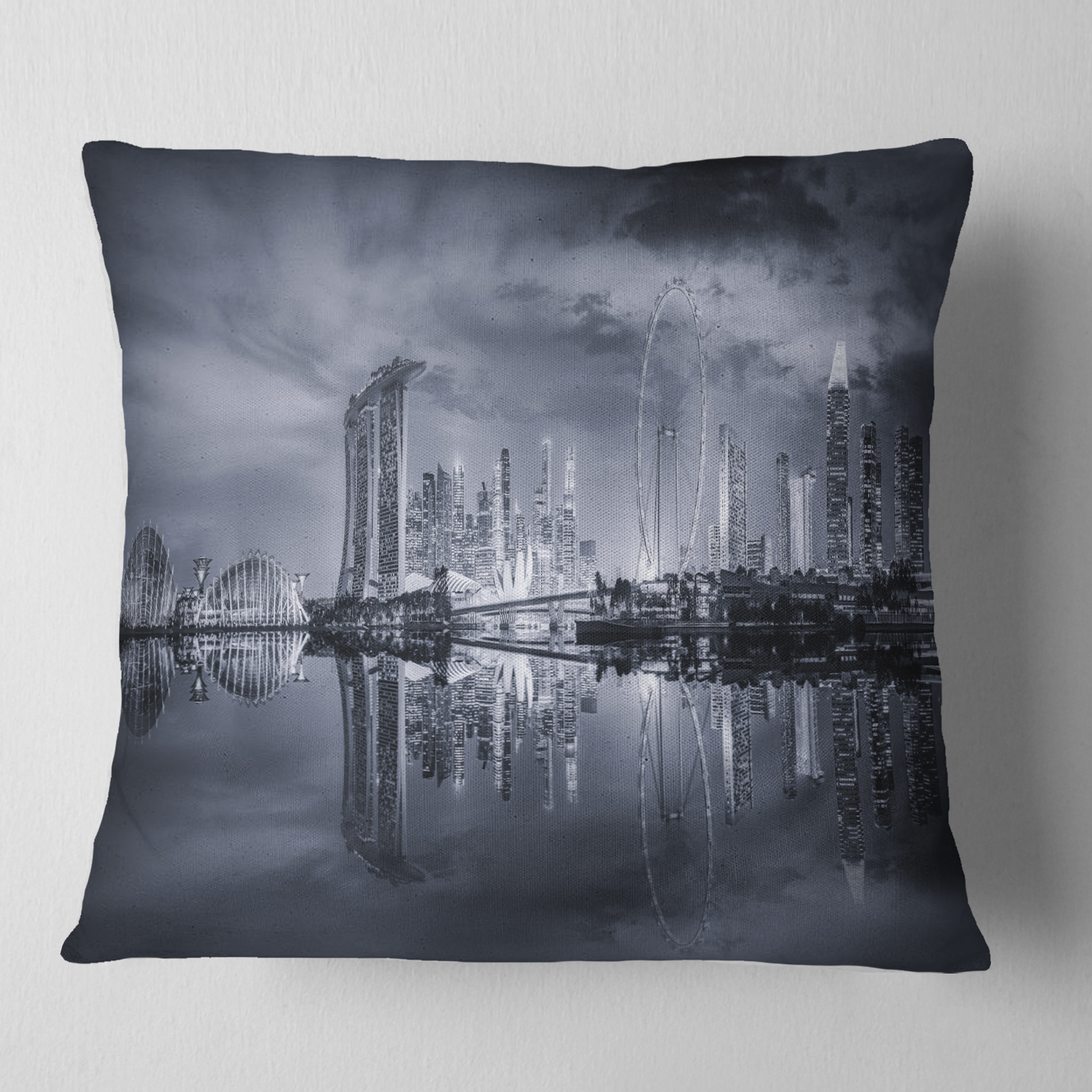 Designart Black and White Singapore Skyline - Cityscape Throw Pillow - 16x16