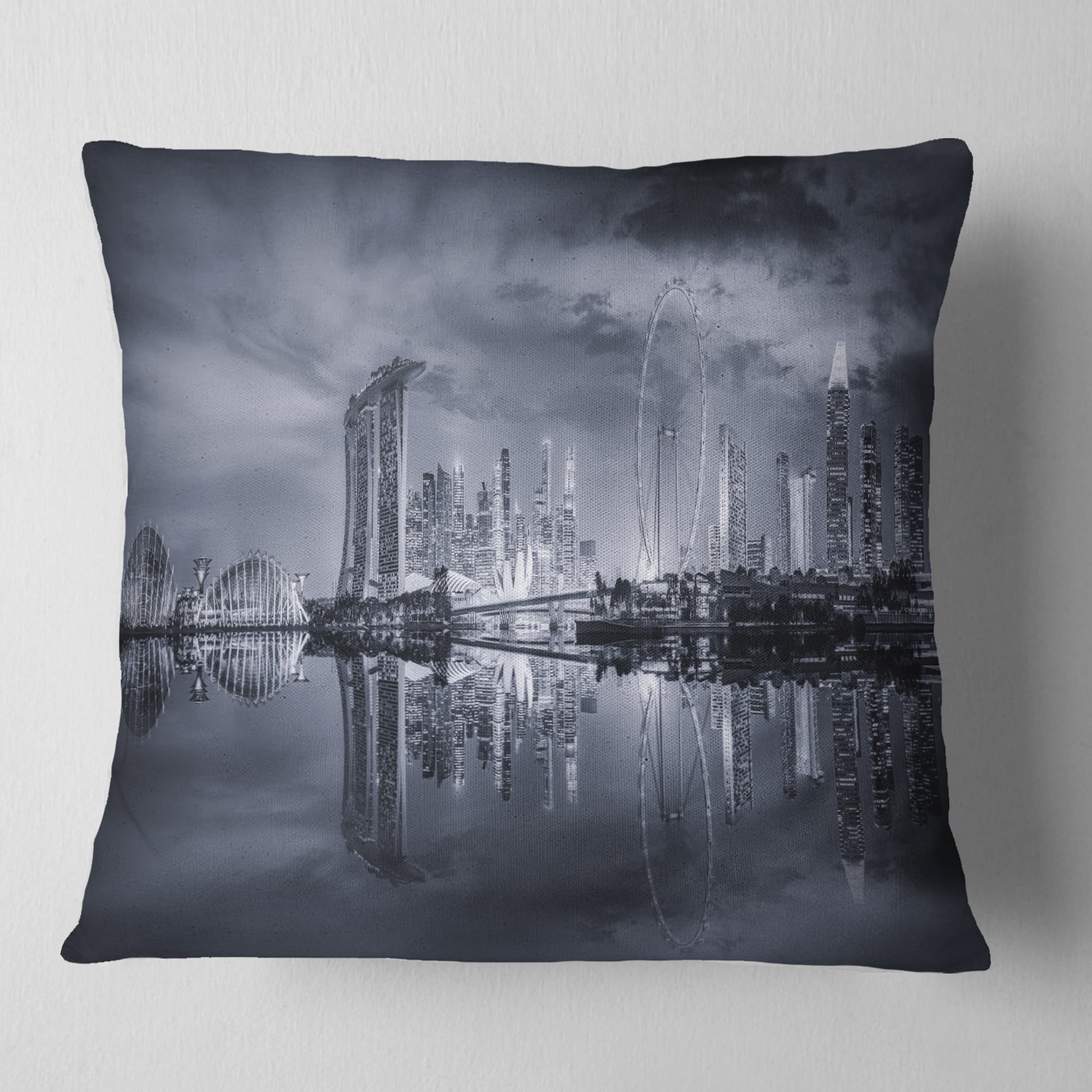 Designart Black and White Singapore Skyline - Cityscape Throw Pillow - 18x18