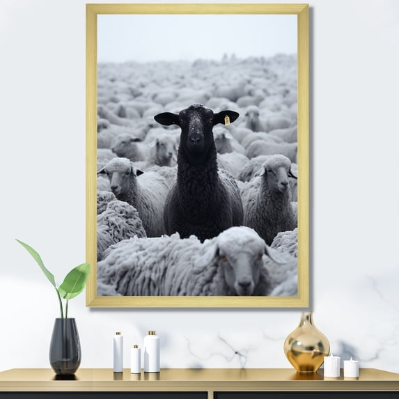 Designart "Black and White Solitary Goat" Animals Framed Wall Art - Traditional Grey Goat Hallway Framed Wall Art Decor