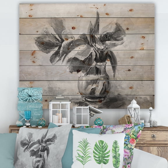 Designart 'Black and White Still Life Of Flowers In A Vase' Traditional Print on Natural Pine Wood