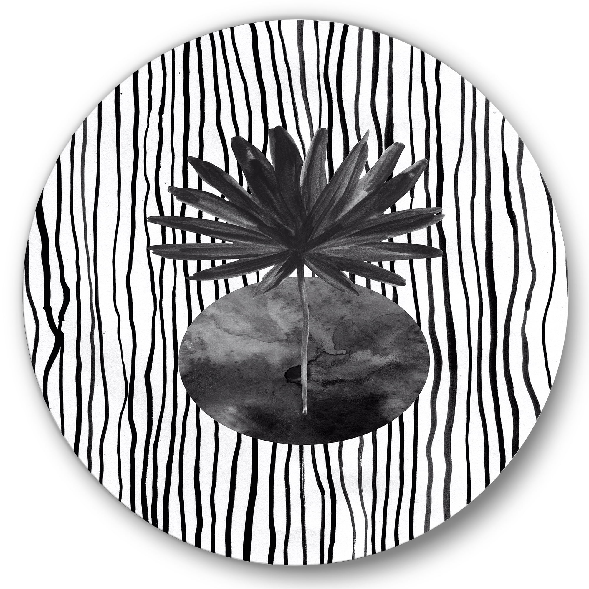 Designart 'Black and White Striped Under Tropical Leaf I' Modern Circle Metal Wall Art 36x36 - Disc of 36