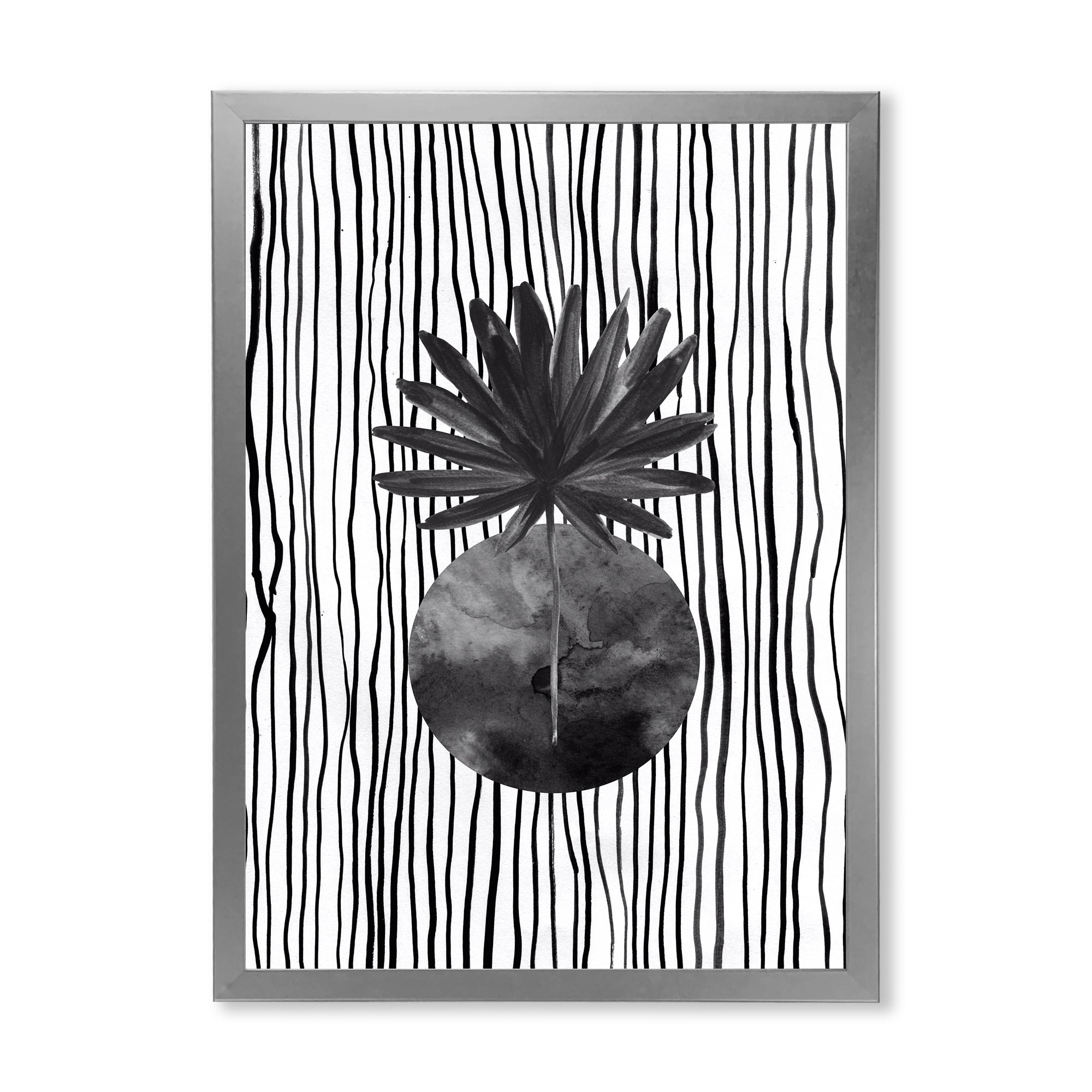 Designart 'Black and White Striped Under Tropical Leaf I' Modern Framed Art Print