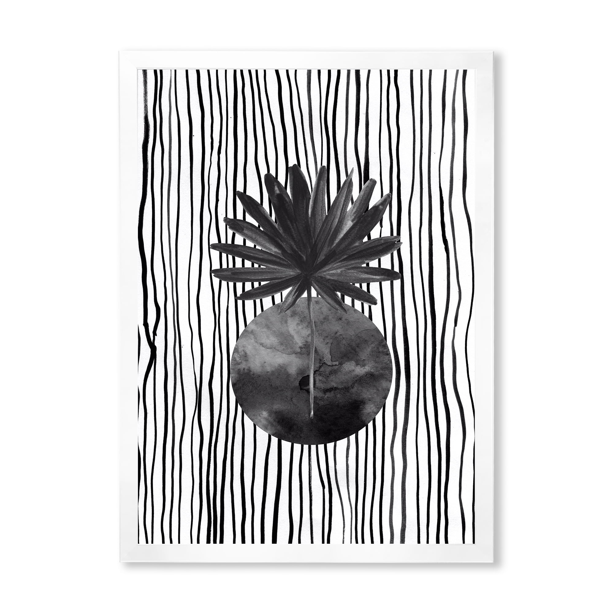 Designart 'Black and White Striped Under Tropical Leaf I' Modern Framed Art Print