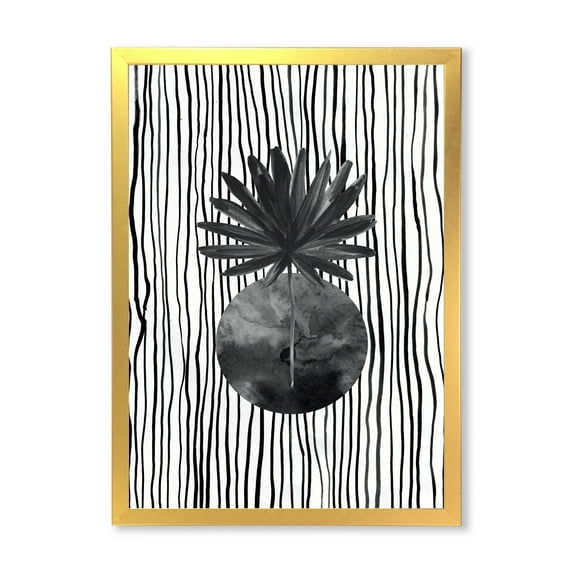 Designart 'Black and White Striped Under Tropical Leaf I' Modern Framed Art Print