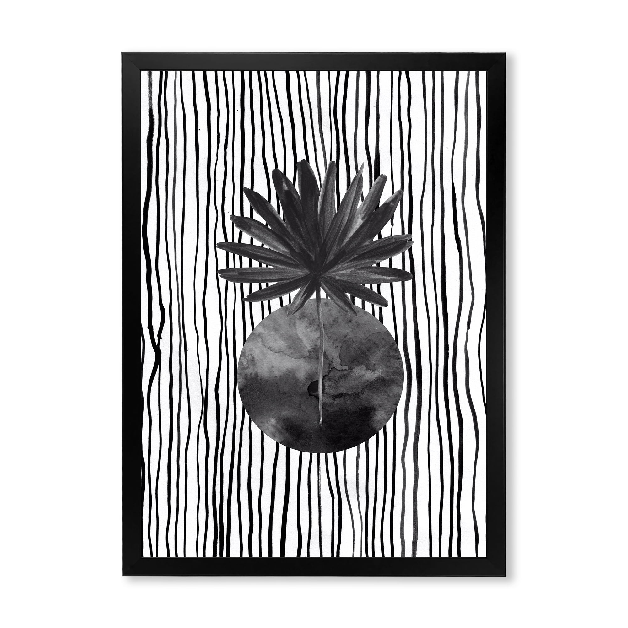 Designart 'Black and White Striped Under Tropical Leaf I' Modern Framed Art Print