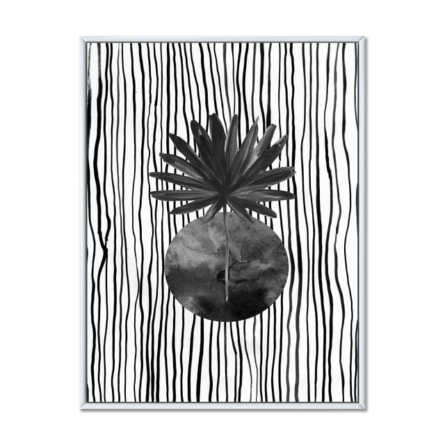 Designart 'Black and White Striped Under Tropical Leaf I' Modern Framed Canvas Wall Art Print
