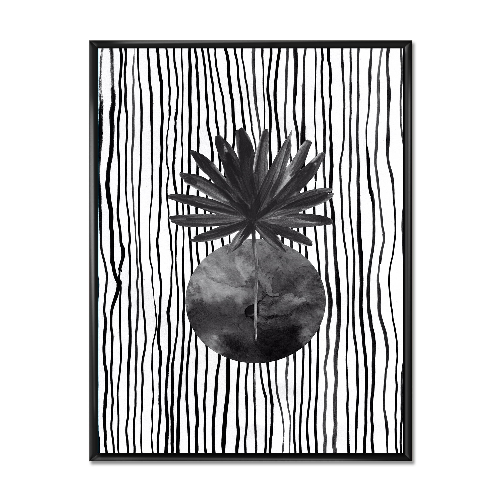 Designart 'Black and White Striped Under Tropical Leaf I' Modern Framed Canvas Wall Art Print