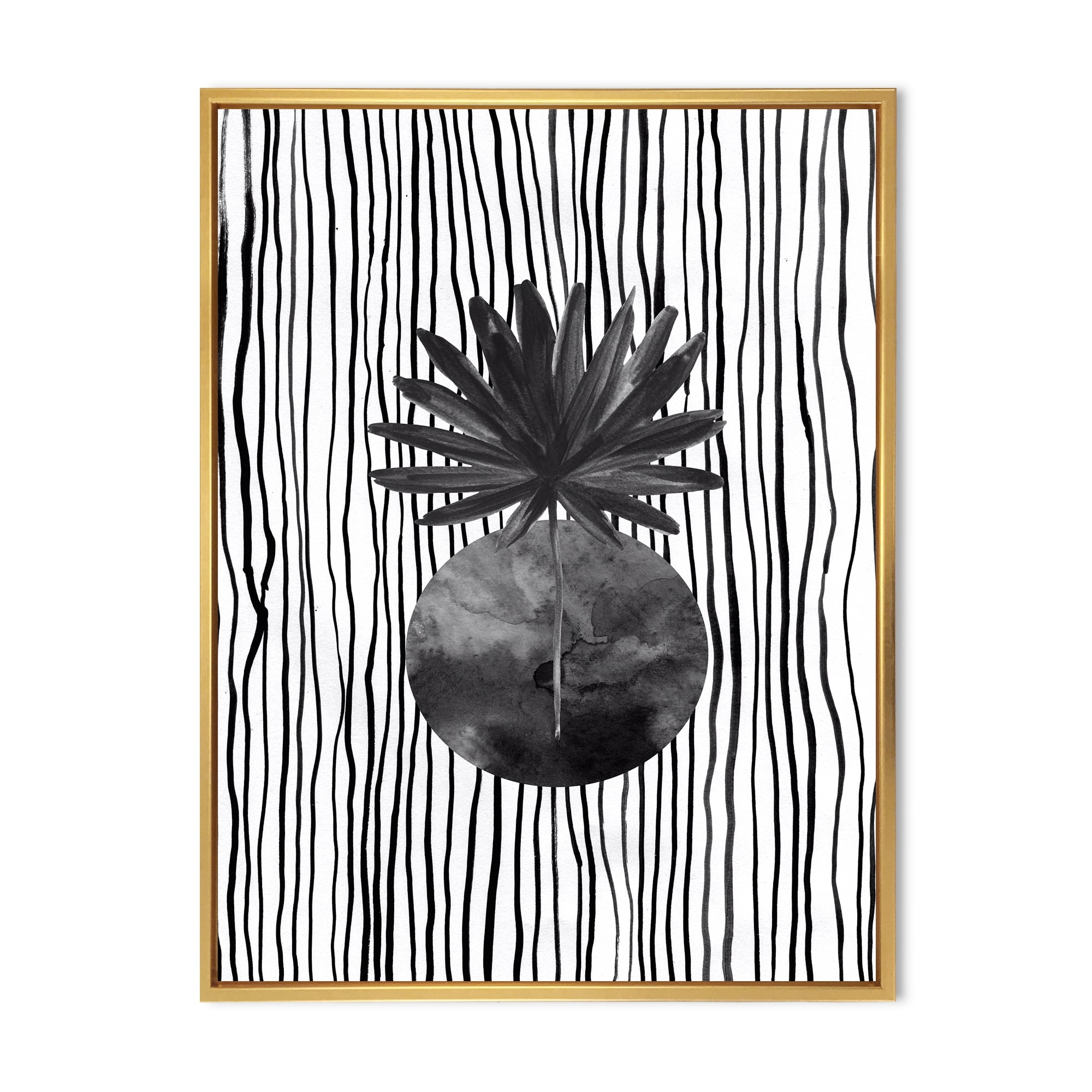 Designart 'Black and White Striped Under Tropical Leaf I' Modern Framed Canvas Wall Art Print