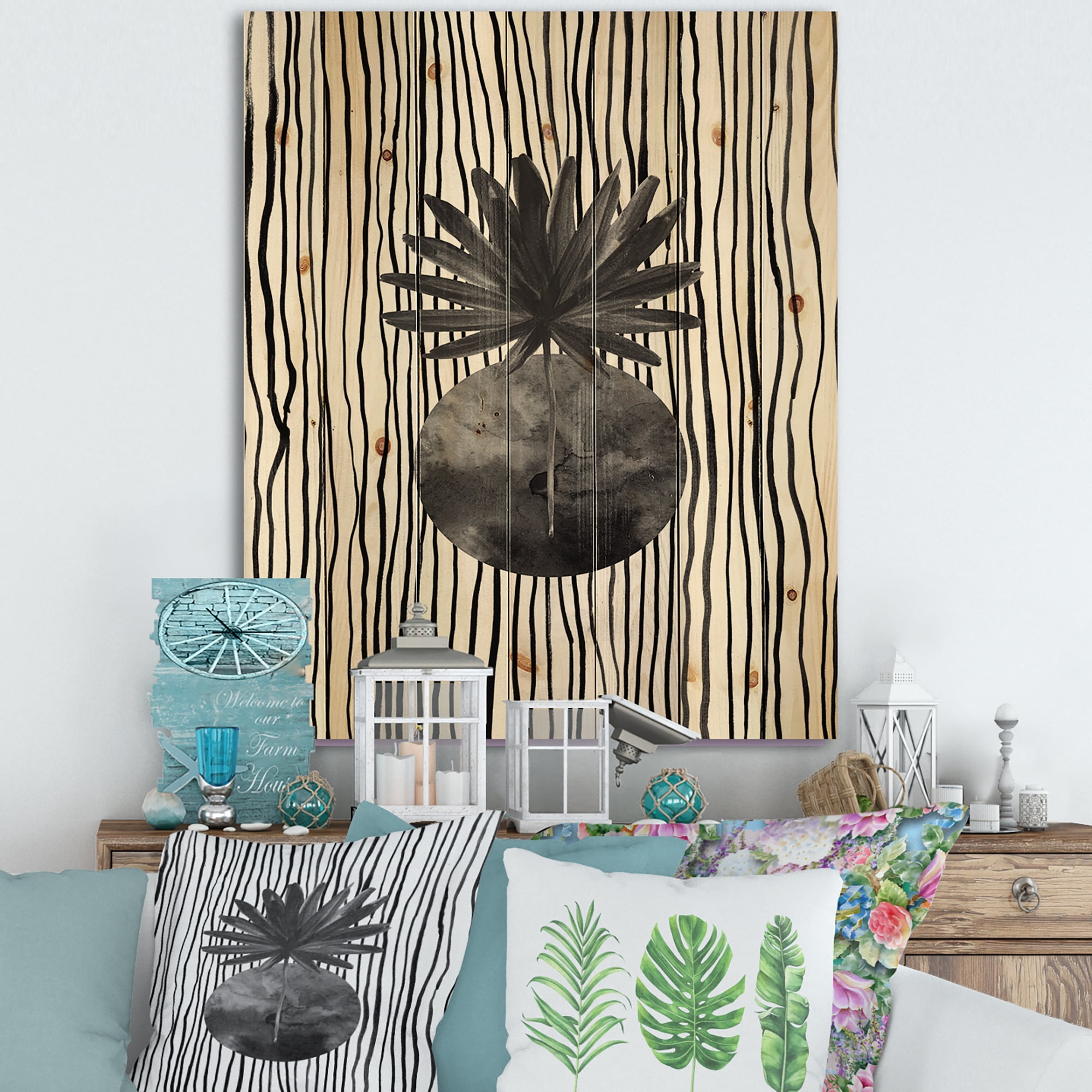 Designart 'Black and White Striped Under Tropical Leaf I' Modern Print on Natural Pine Wood