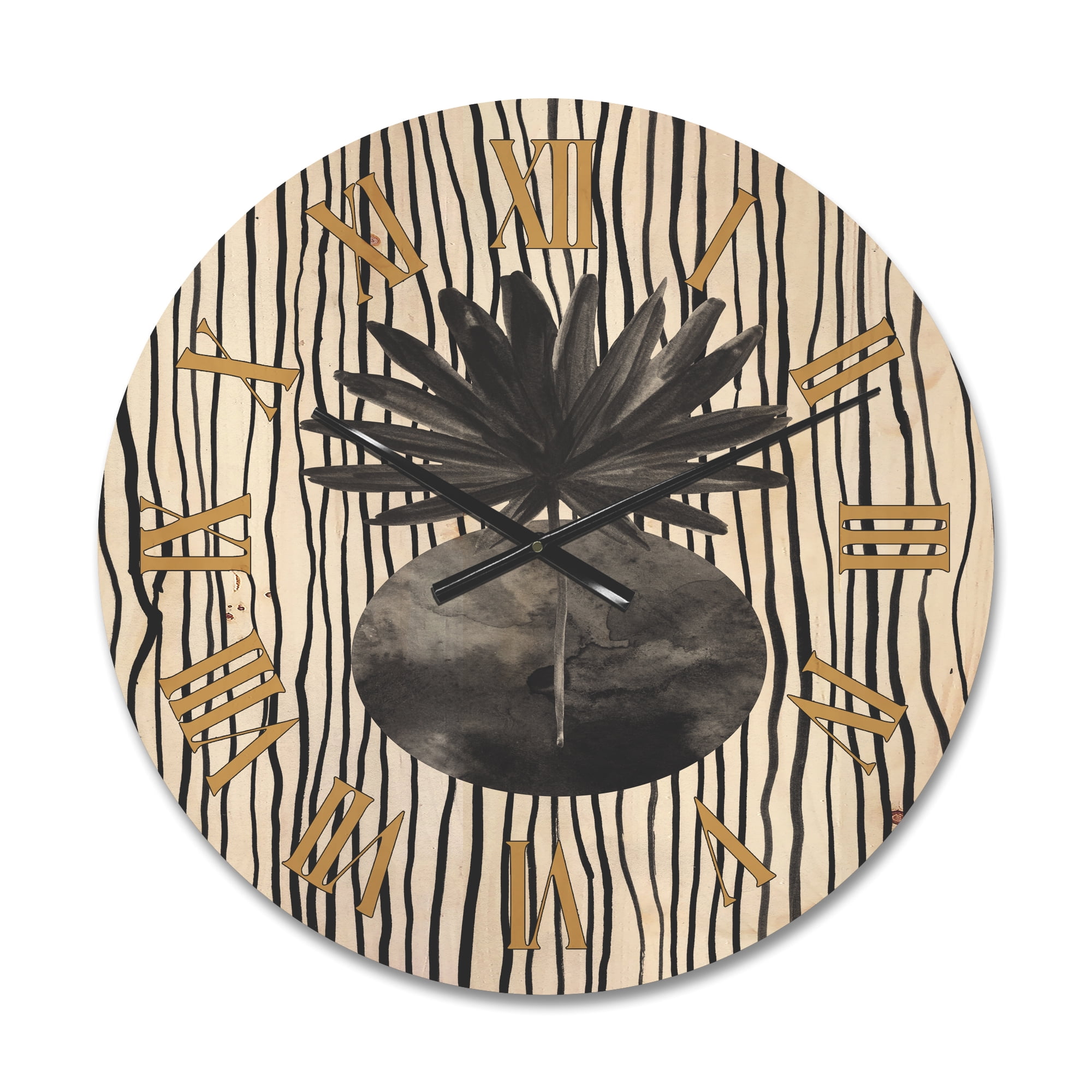 Designart 'Black and White Striped Under Tropical Leaf I' Modern Wood Wall Clock