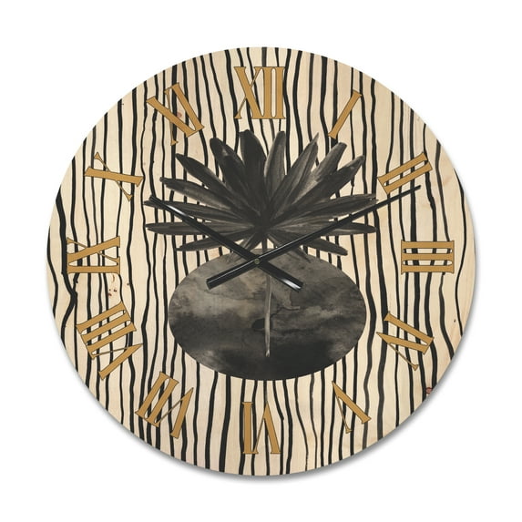 Designart 'Black and White Striped Under Tropical Leaf I' Modern Wood Wall Clock