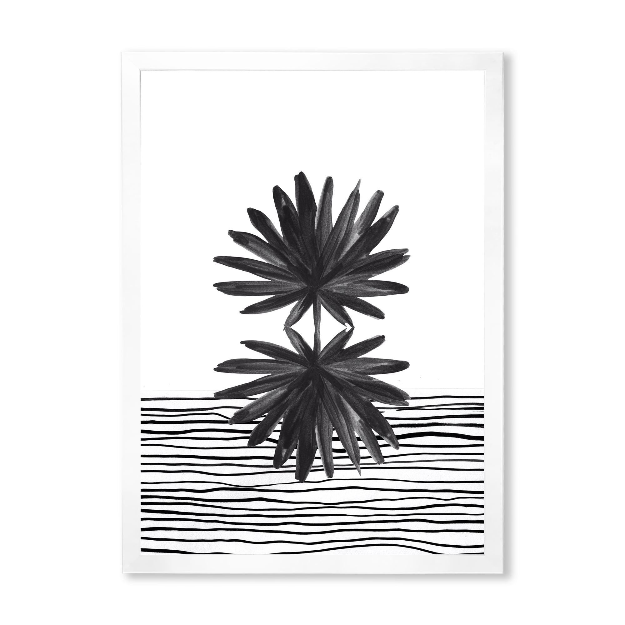Designart 'Black and White Striped Under Tropical Leaf II' Modern Framed Art Print