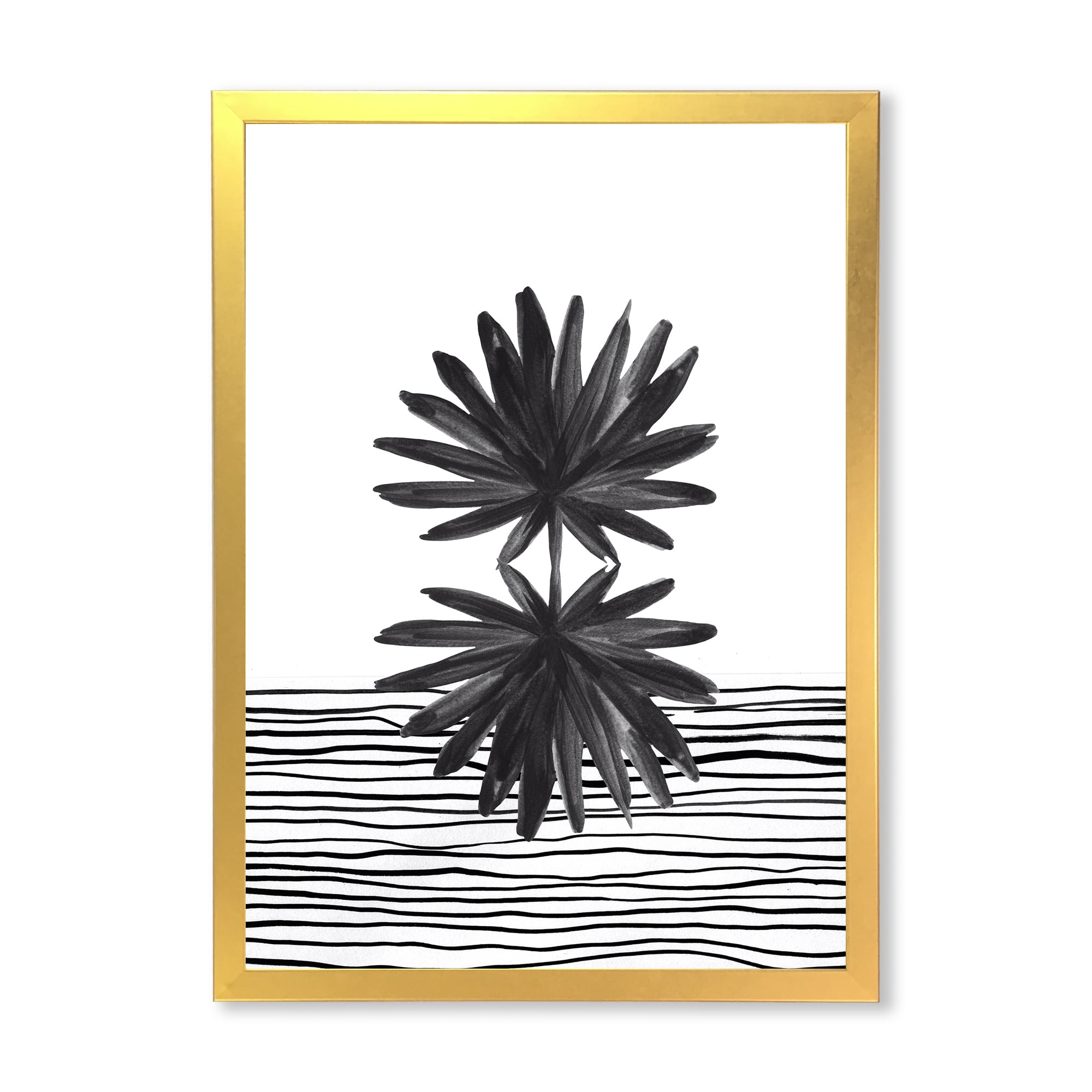 Designart 'Black and White Striped Under Tropical Leaf II' Modern Framed Art Print
