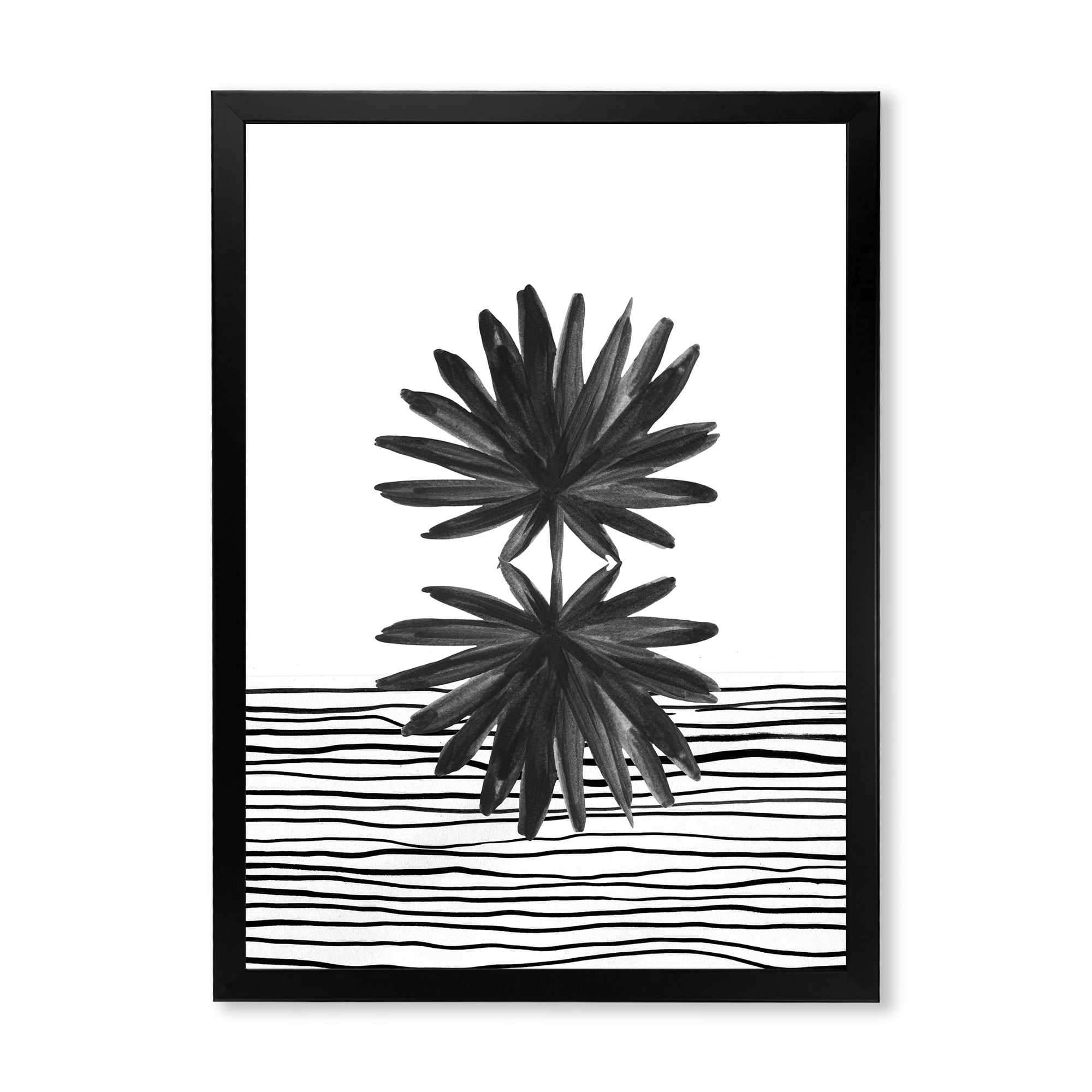 Designart 'Black and White Striped Under Tropical Leaf II' Modern Framed Art Print