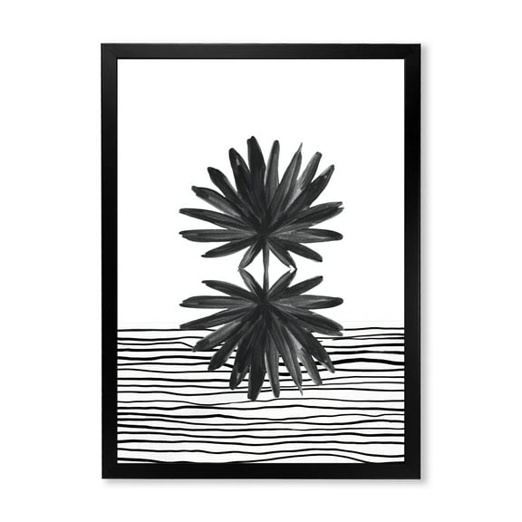Designart 'Black and White Striped Under Tropical Leaf II' Modern Framed Art Print