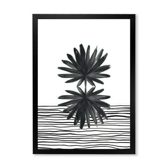 Designart 'Black and White Striped Under Tropical Leaf II' Modern Framed Art Print