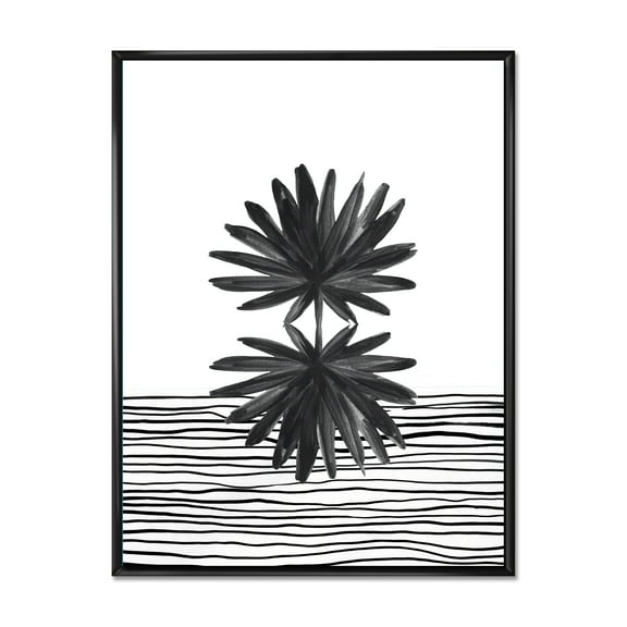 Designart 'Black and White Striped Under Tropical Leaf II' Modern Framed Canvas Wall Art Print