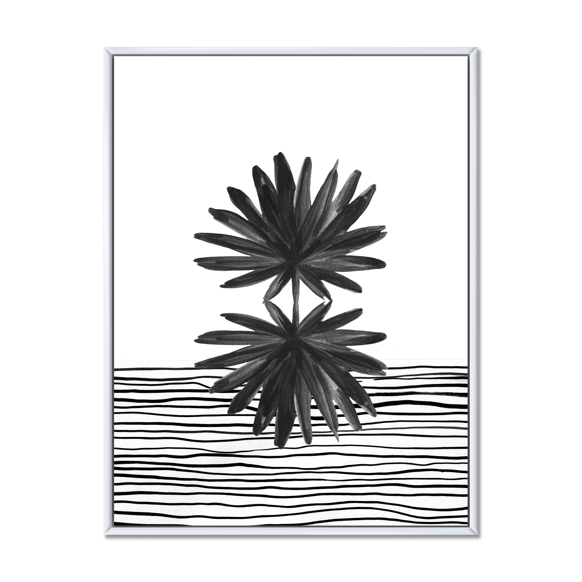Designart 'Black and White Striped Under Tropical Leaf II' Modern Framed Canvas Wall Art Print