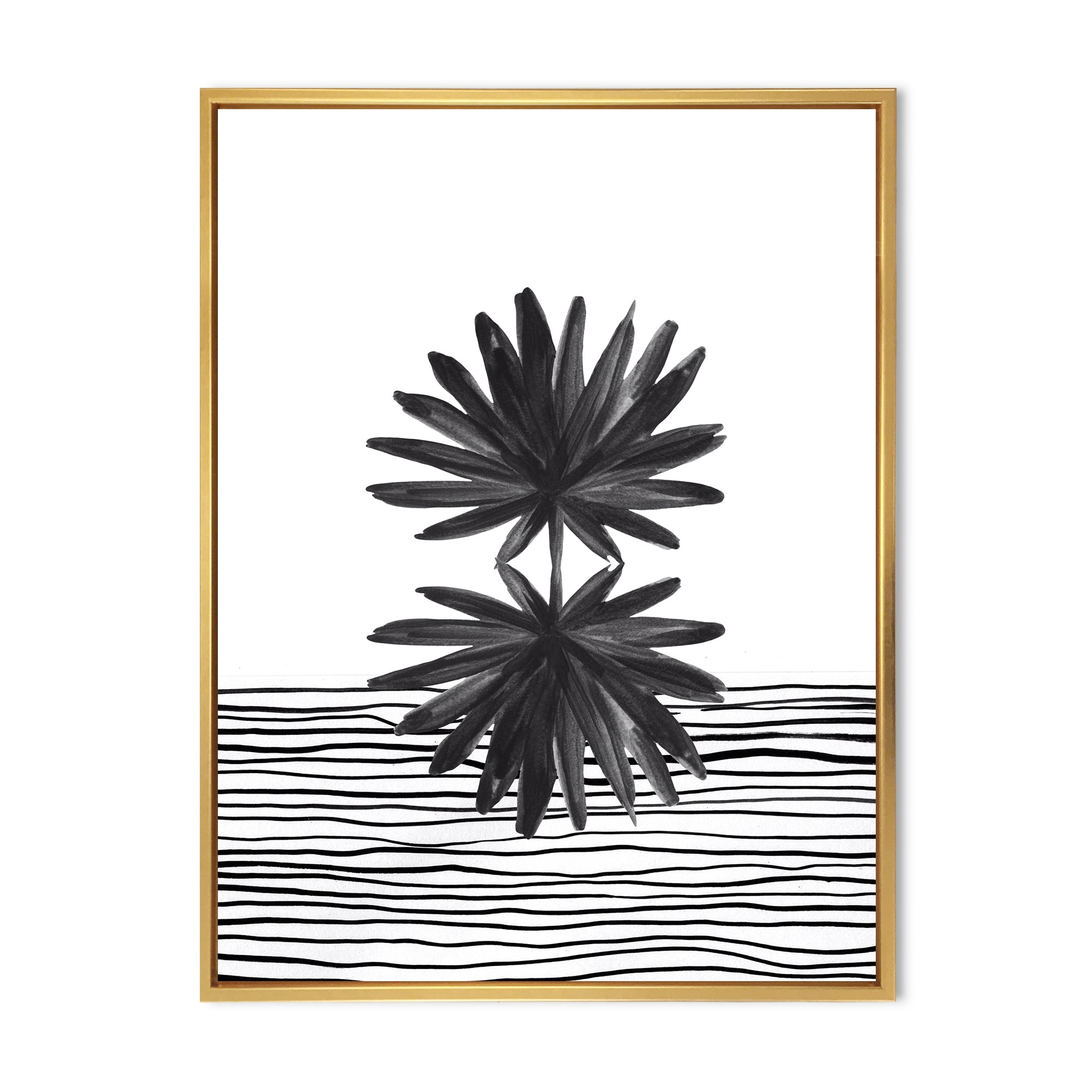 Designart 'Black and White Striped Under Tropical Leaf II' Modern Framed Canvas Wall Art Print