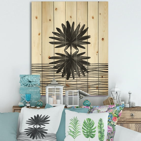 Designart 'Black and White Striped Under Tropical Leaf II' Modern Print on Natural Pine Wood