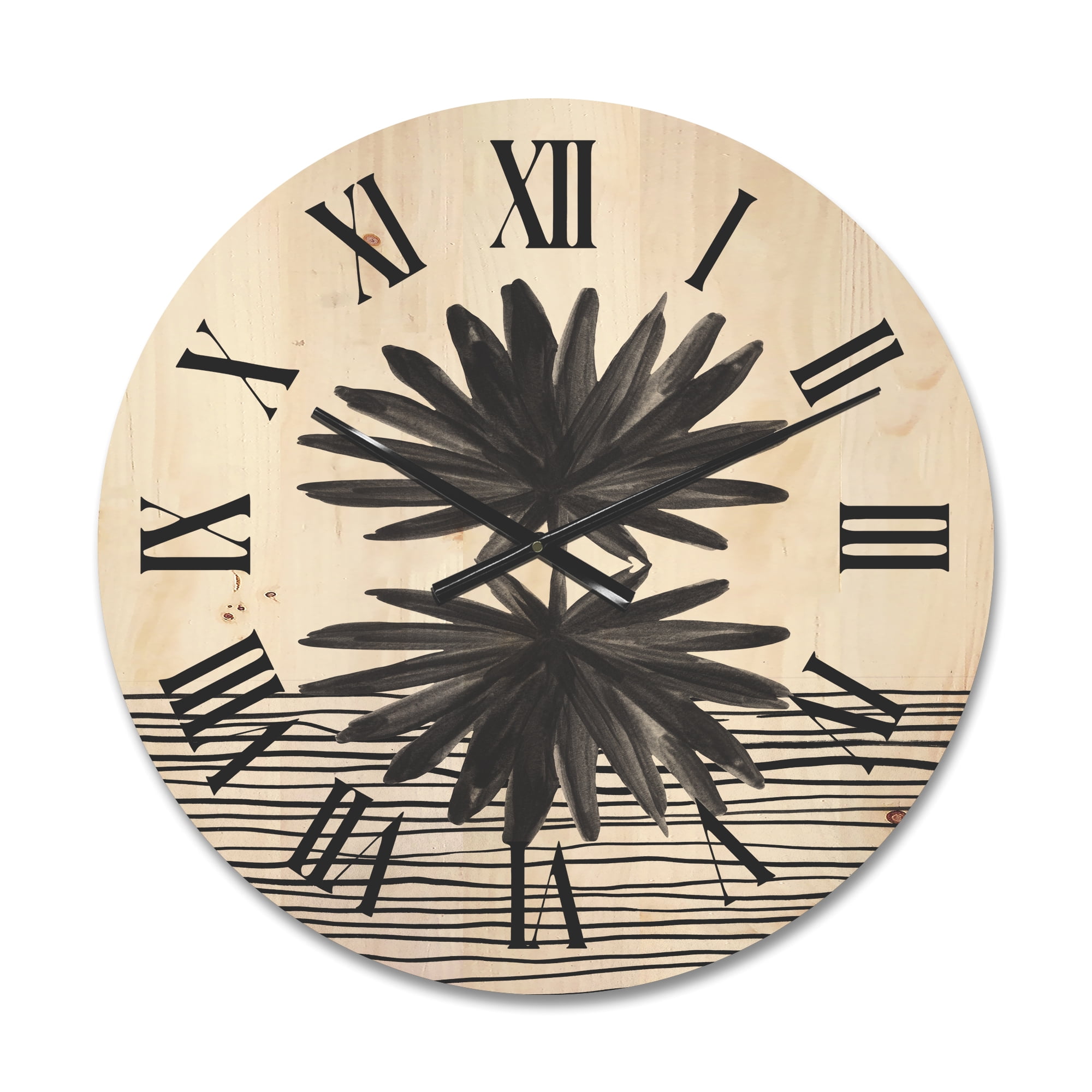 Designart 'Black and White Striped Under Tropical Leaf II' Modern Wood Wall Clock
