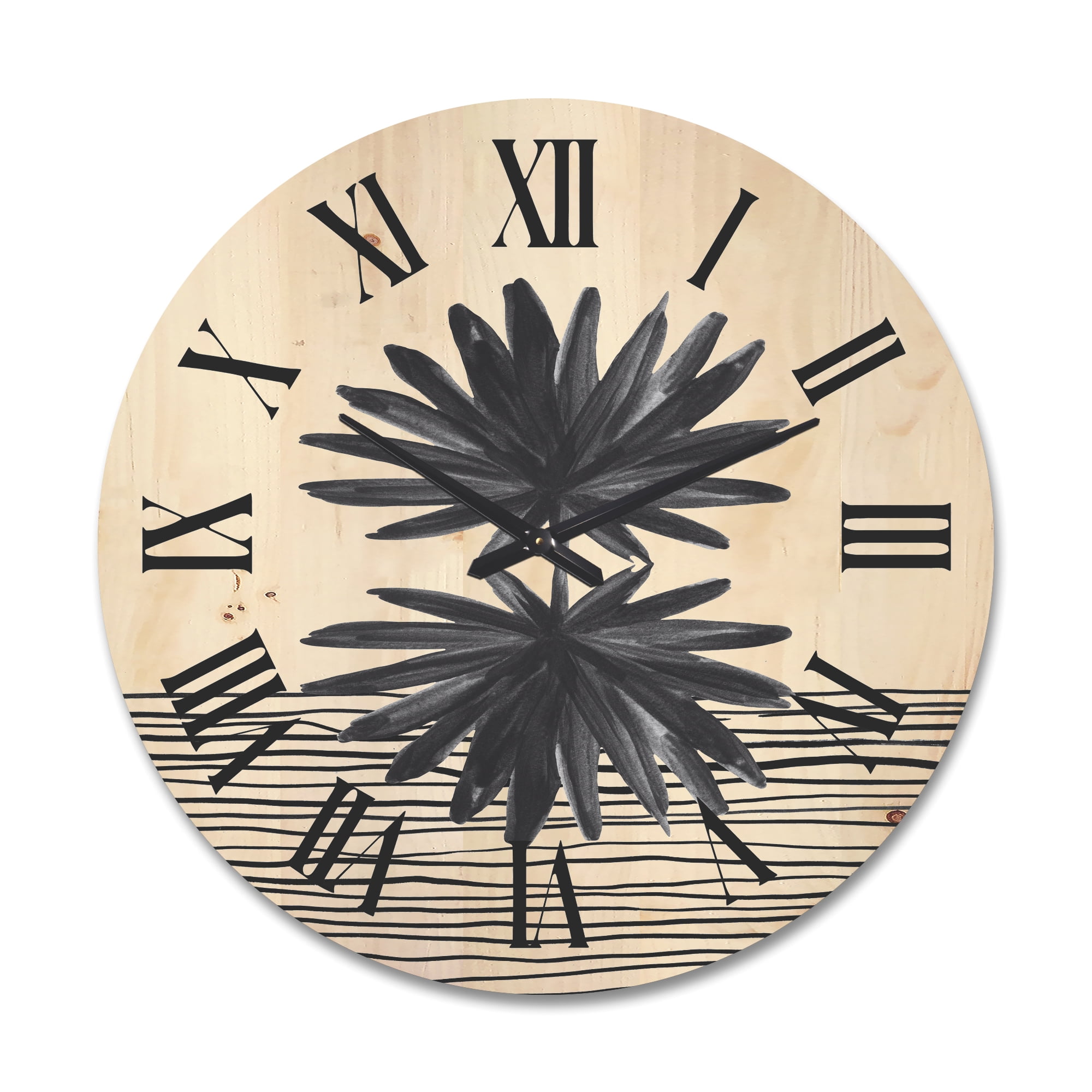 Designart 'Black and White Striped Under Tropical Leaf II' Modern Wood Wall Clock
