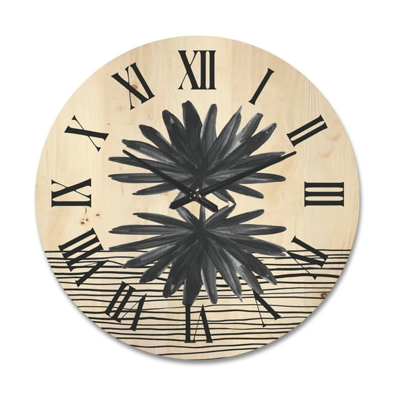 Designart 'Black and White Striped Under Tropical Leaf II' Modern Wood Wall Clock