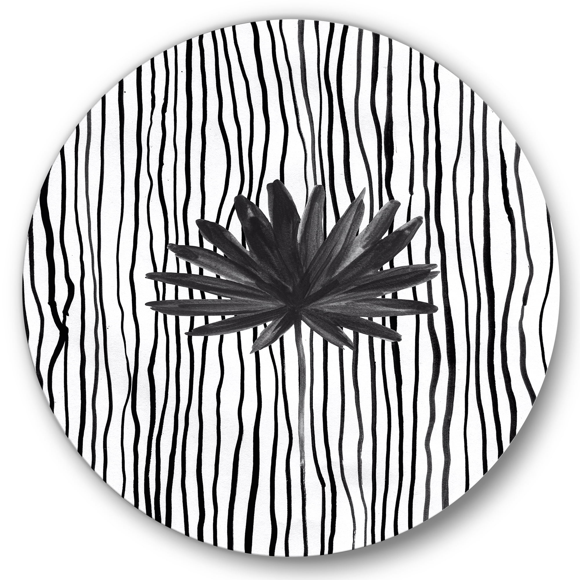 Designart 'Black and White Striped Under Tropical Leaf III' Modern Circle Metal Wall Art 11x11 - Disc of 11