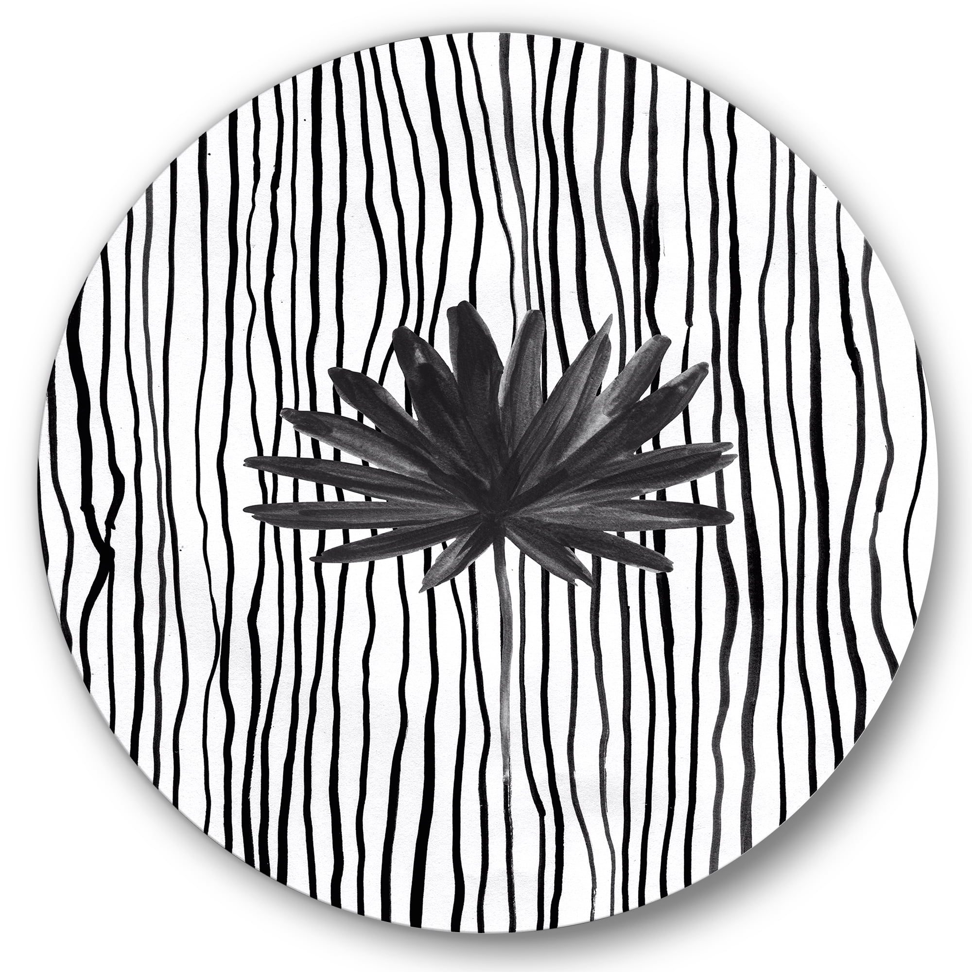 Designart 'Black and White Striped Under Tropical Leaf III' Modern Circle Metal Wall Art 29x29 - Disc of 29