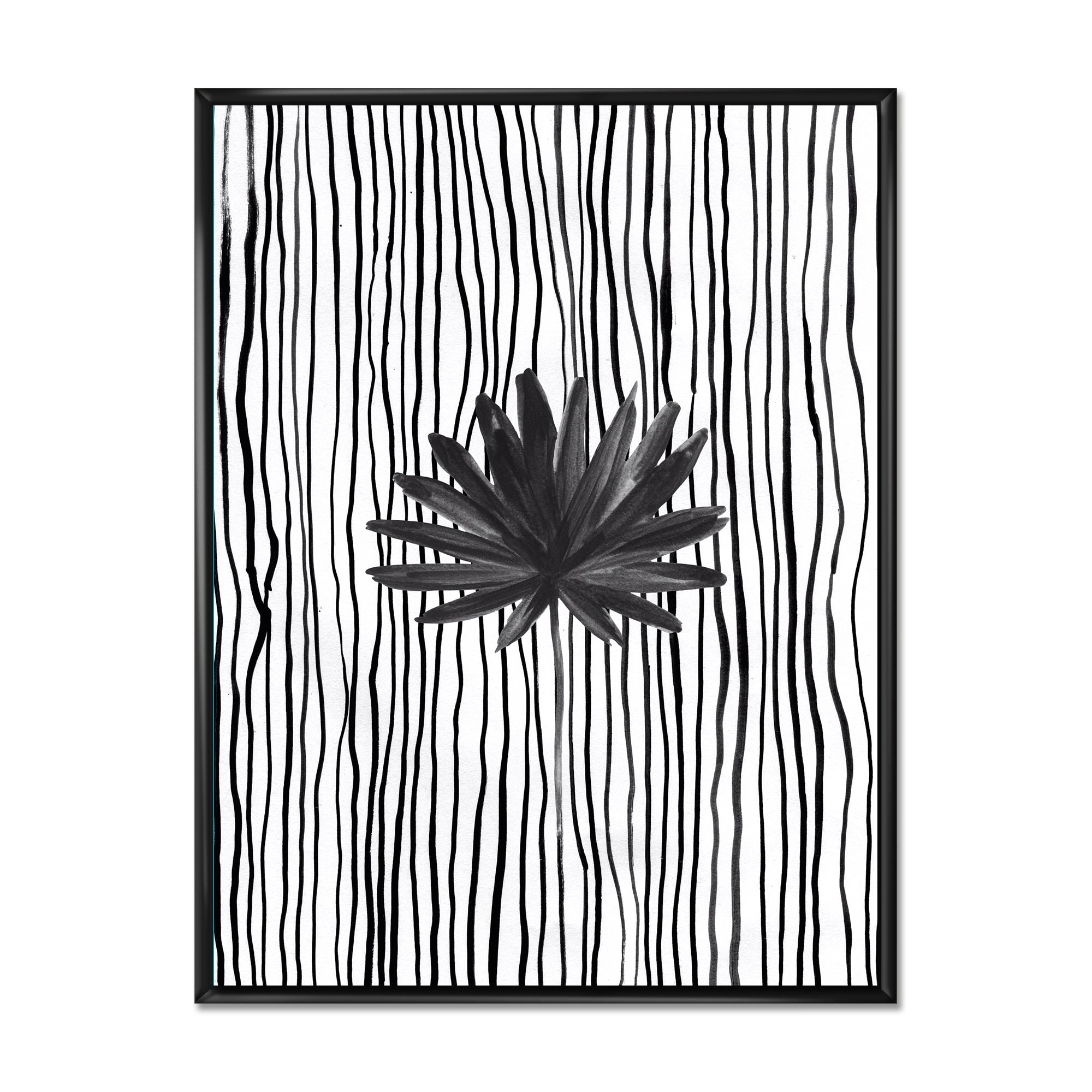 Designart 'Black and White Striped Under Tropical Leaf III' Modern Framed Canvas Wall Art Print
