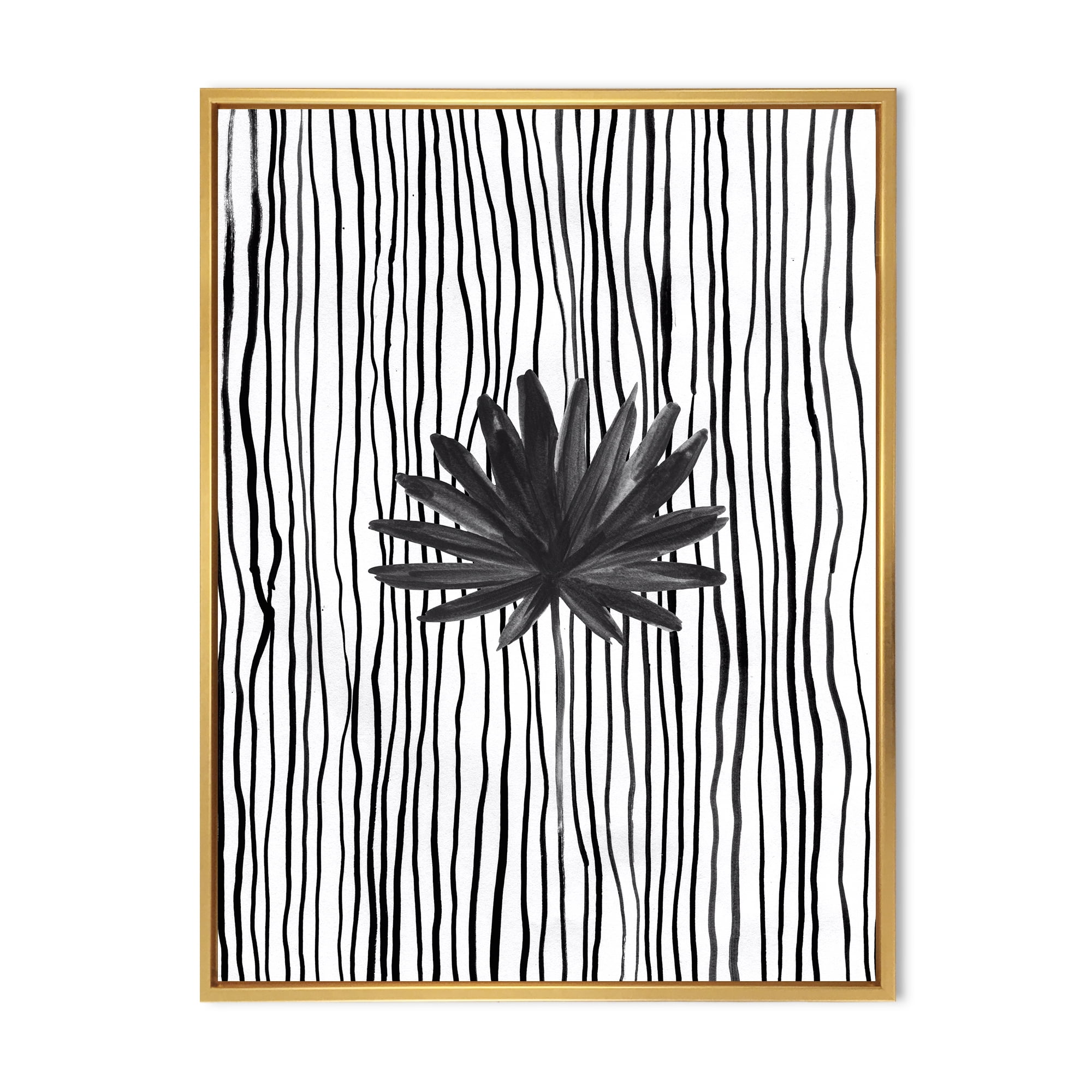 Designart 'Black and White Striped Under Tropical Leaf III' Modern Framed Canvas Wall Art Print