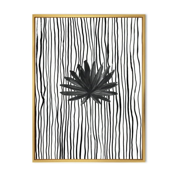 Designart 'Black and White Striped Under Tropical Leaf III' Modern Framed Canvas Wall Art Print