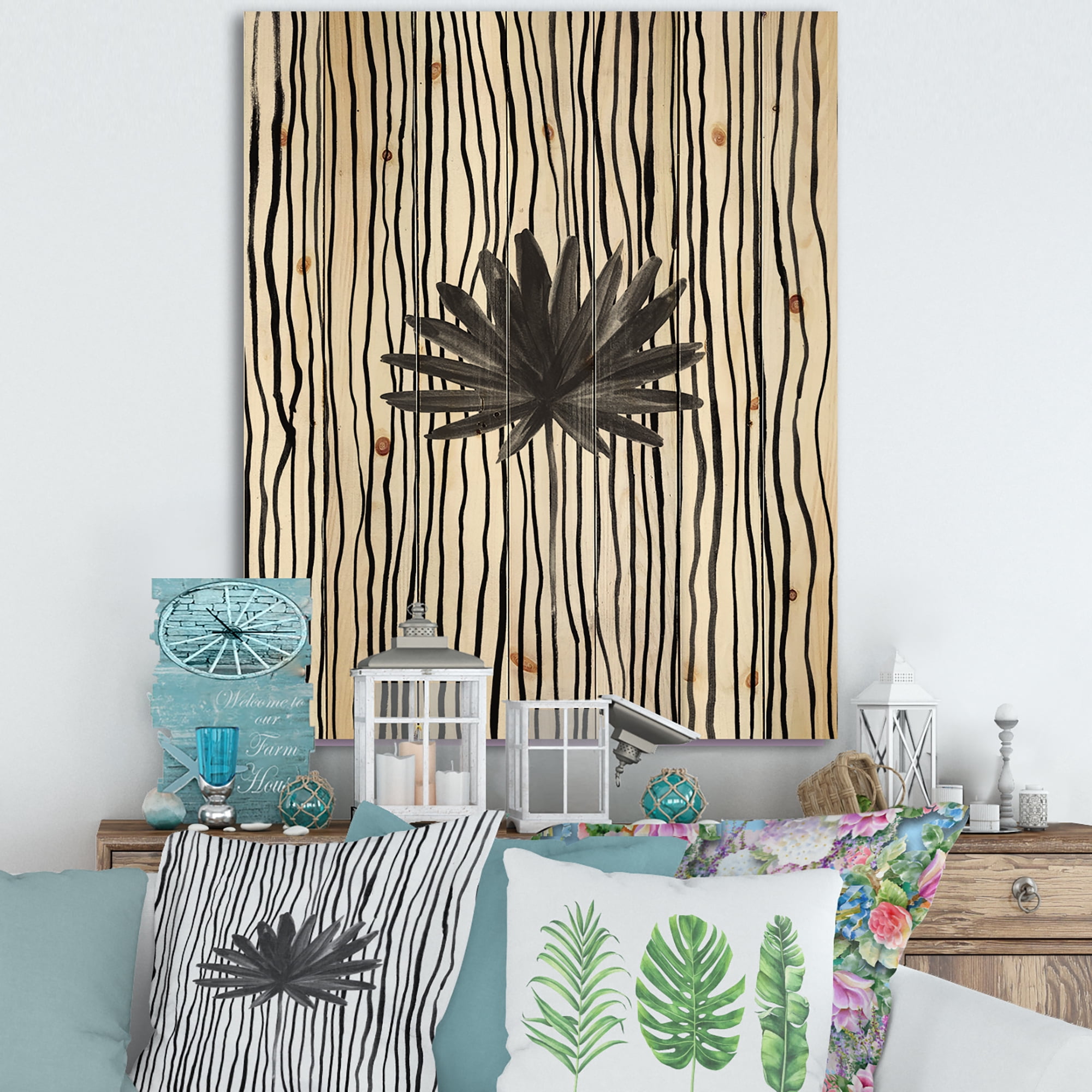 Designart 'Black and White Striped Under Tropical Leaf III' Modern Print on Natural Pine Wood