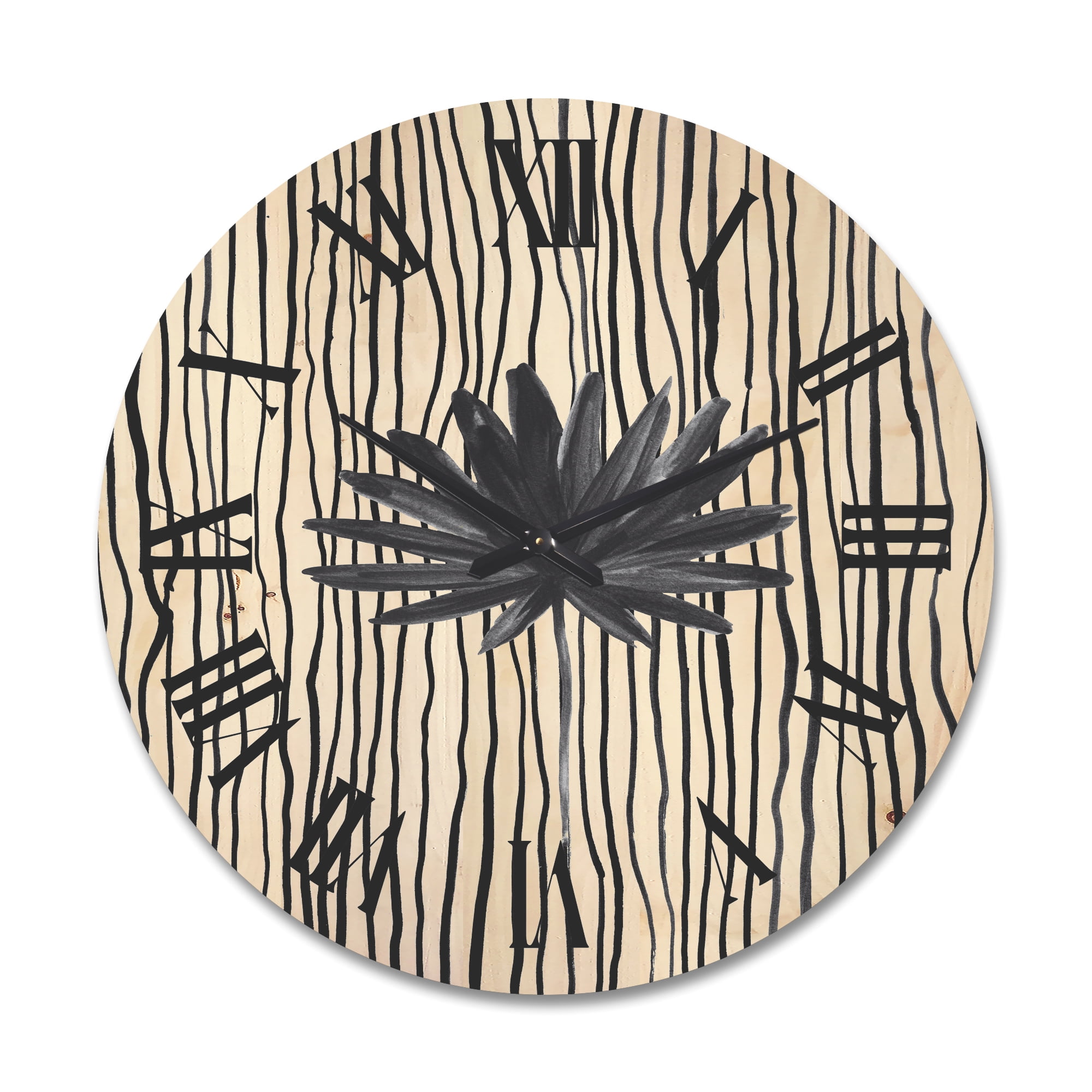 Designart 'Black and White Striped Under Tropical Leaf III' Modern Wood Wall Clock