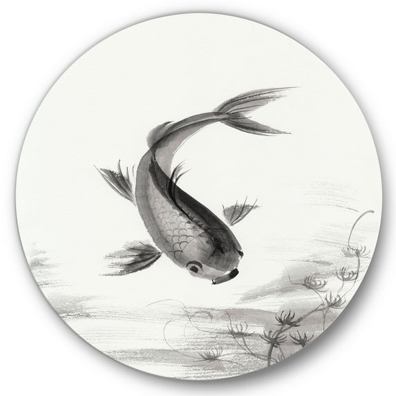 Designart 'Black and White Vintage Fish I' Nautical & Coastal Circle Metal Wall Art 23x23 - Disc of 23