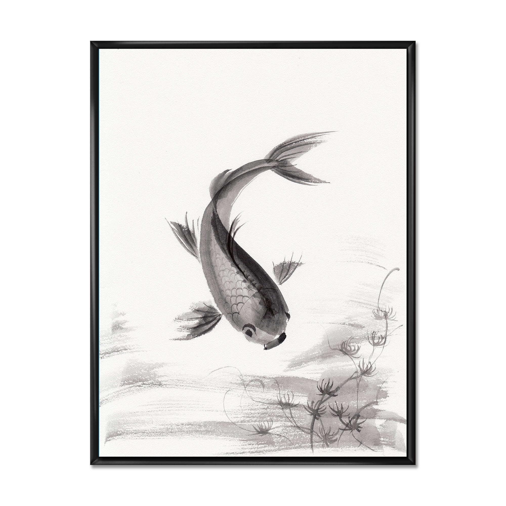 Designart 'Black and White Vintage Fish I' Nautical & Coastal Framed Canvas Wall Art Print