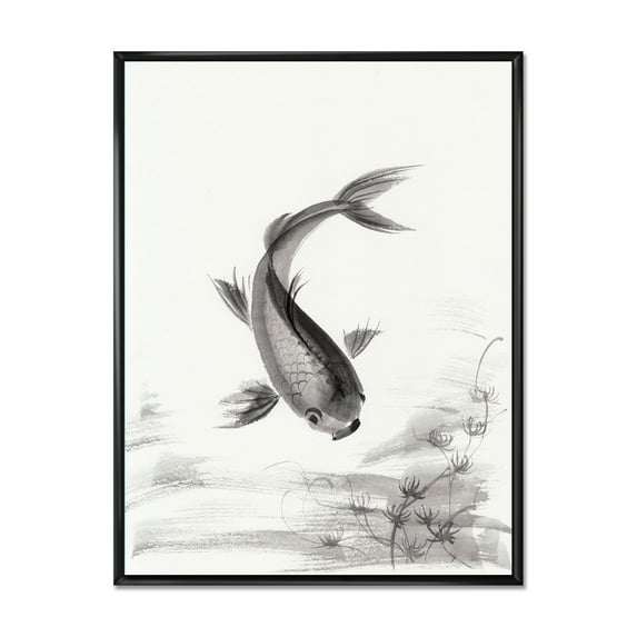 Designart 'Black and White Vintage Fish I' Nautical & Coastal Framed Canvas Wall Art Print