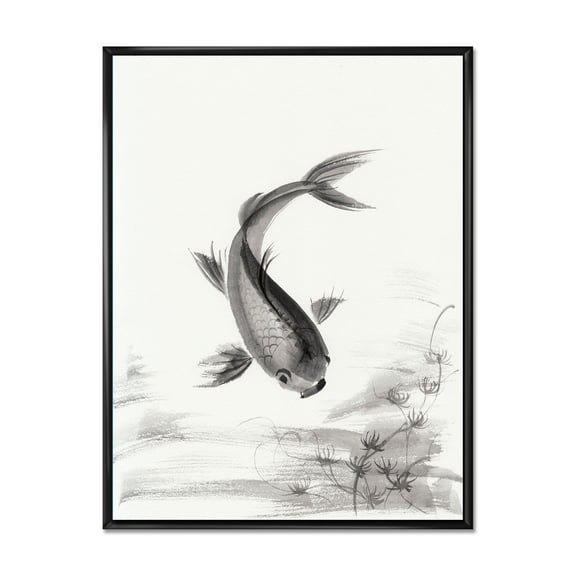 Designart 'Black and White Vintage Fish I' Nautical & Coastal Framed Canvas Wall Art Print