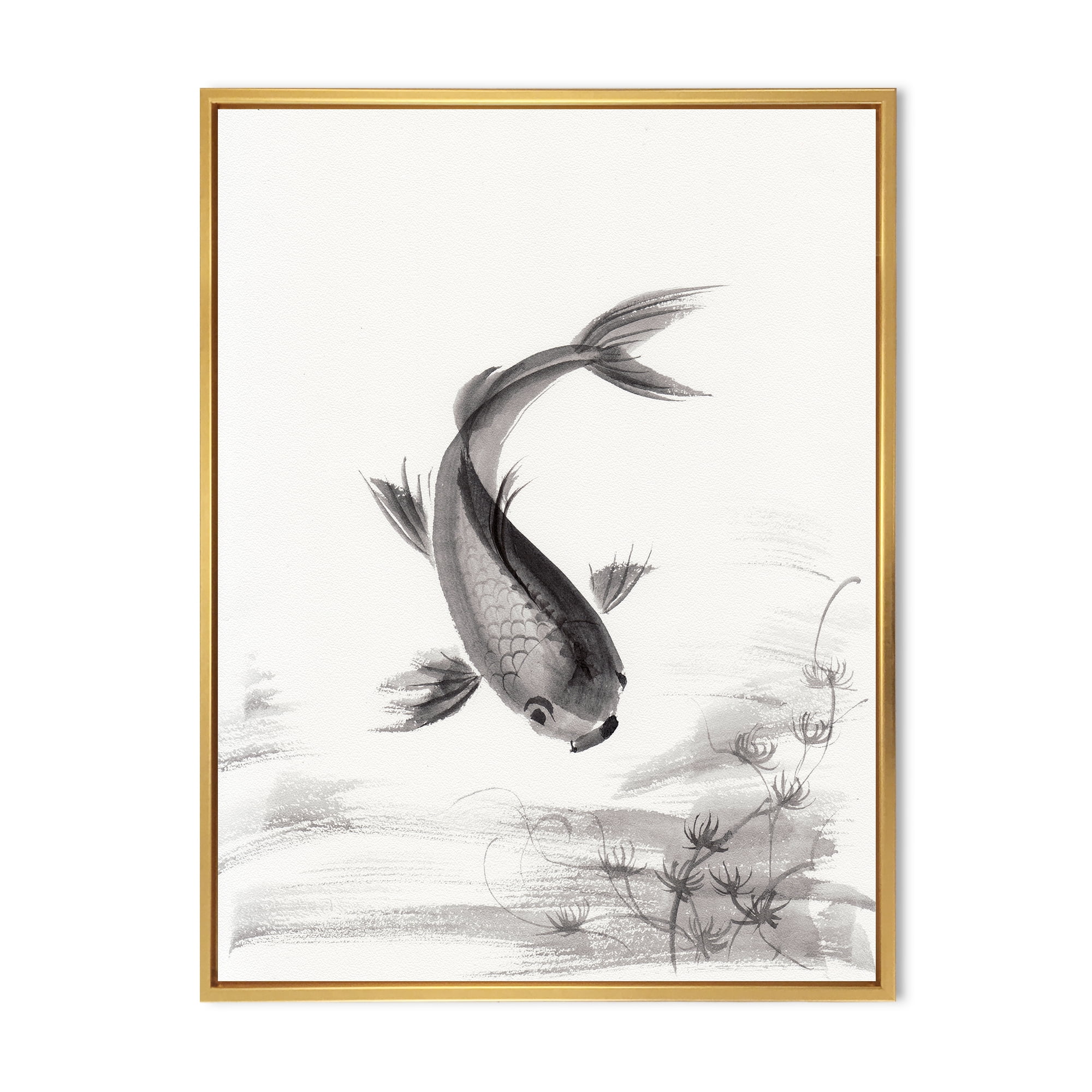 Designart 'Black and White Vintage Fish I' Nautical & Coastal Framed Canvas Wall Art Print