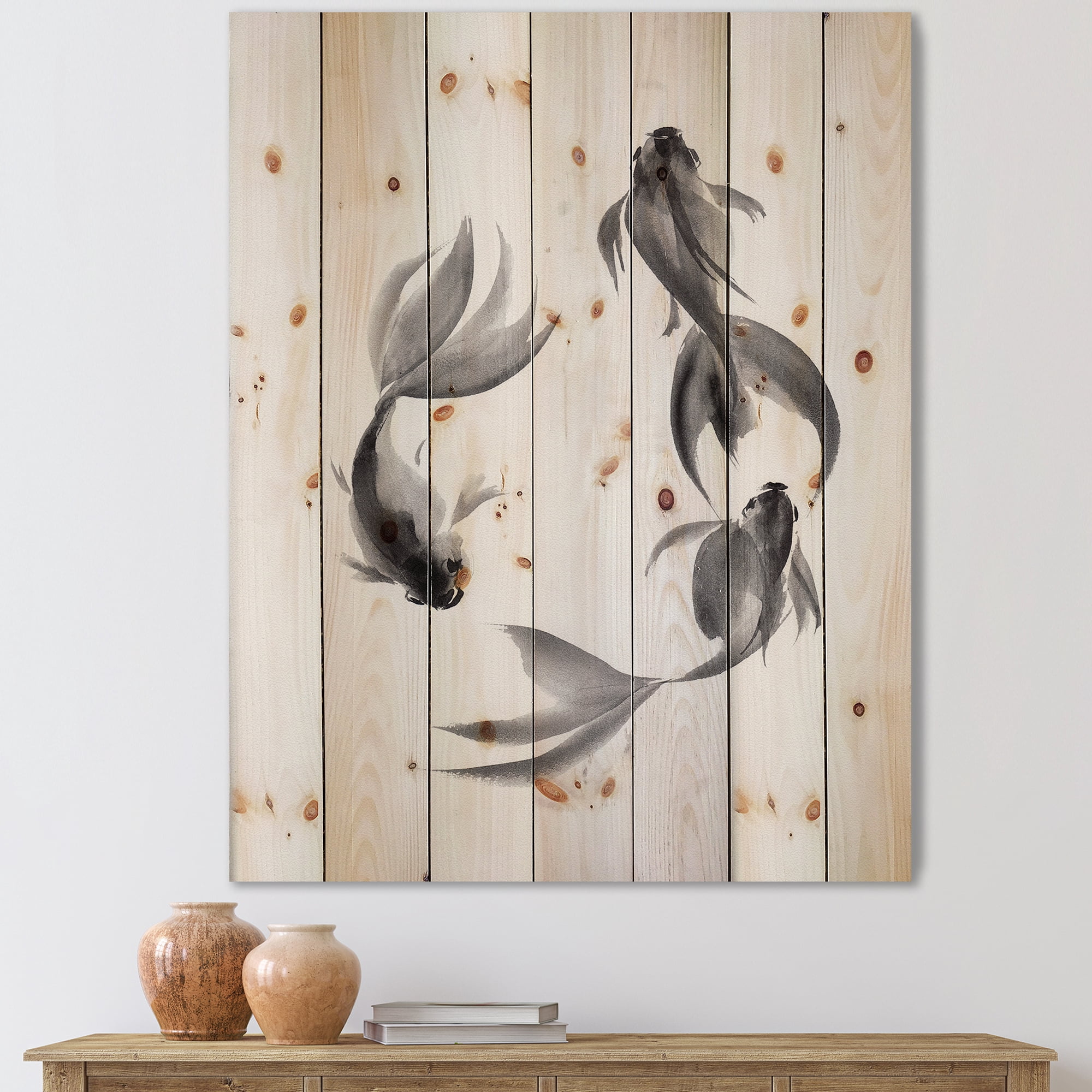 Designart 'Black and White Vintage Fish III' Nautical & Coastal Print on Natural Pine Wood