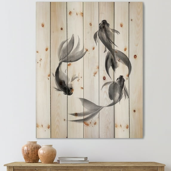 Designart 'Black and White Vintage Fish III' Nautical & Coastal Print on Natural Pine Wood