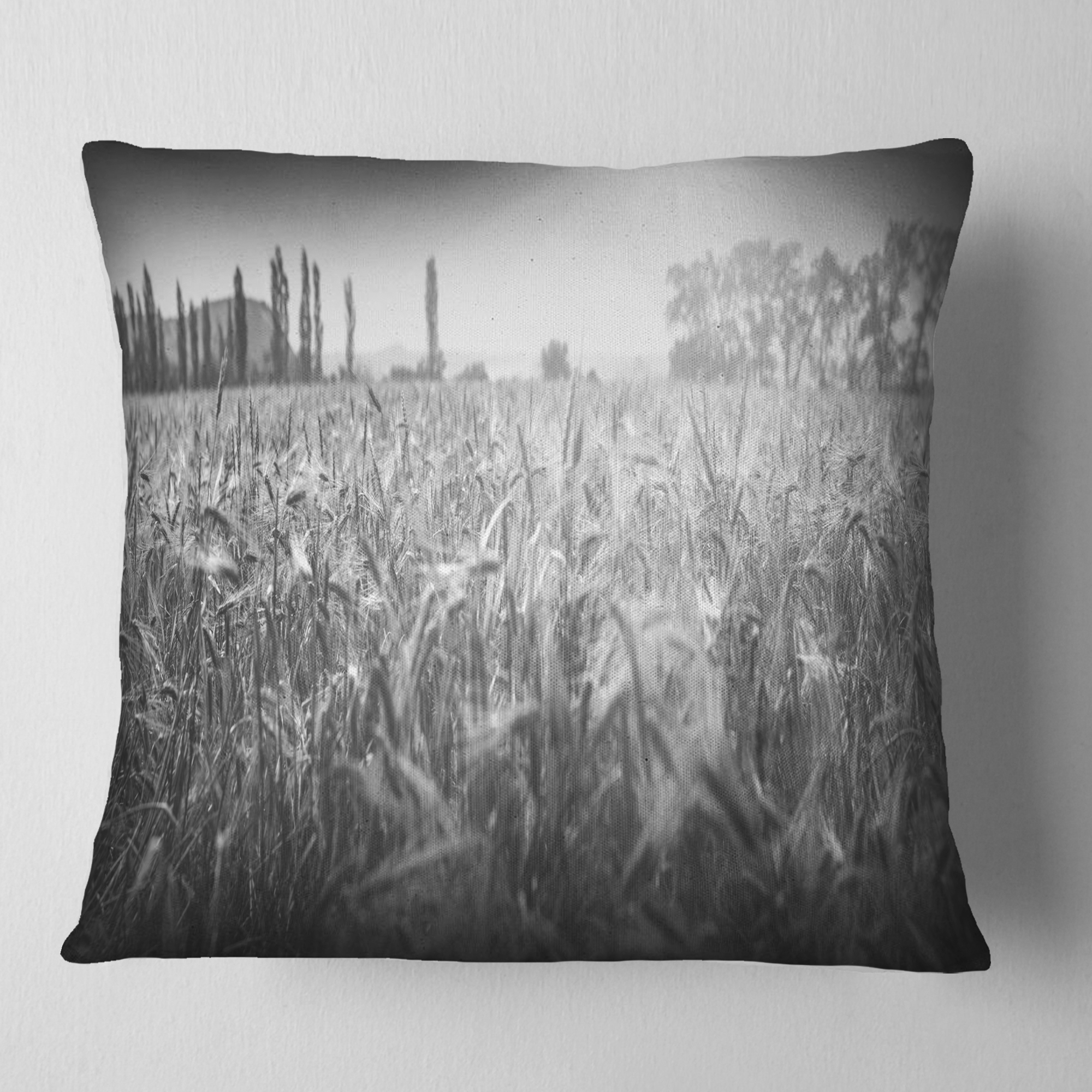 Designart Black and White Wheat Field - Landscape Printed Throw Pillow - 16x16
