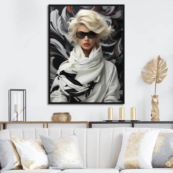 Designart "Black and White Women's Fashion Elegance II" Fashion Framed Wall Art - Glam White Fashion Hallway Framed Wall Art Decor