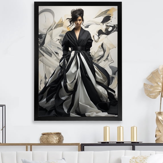 Designart "Black and White Women's Fashion Elegance III" Inspirational Framed Wall Art - Glam Black Fashion Living Room Framed Canvas Art